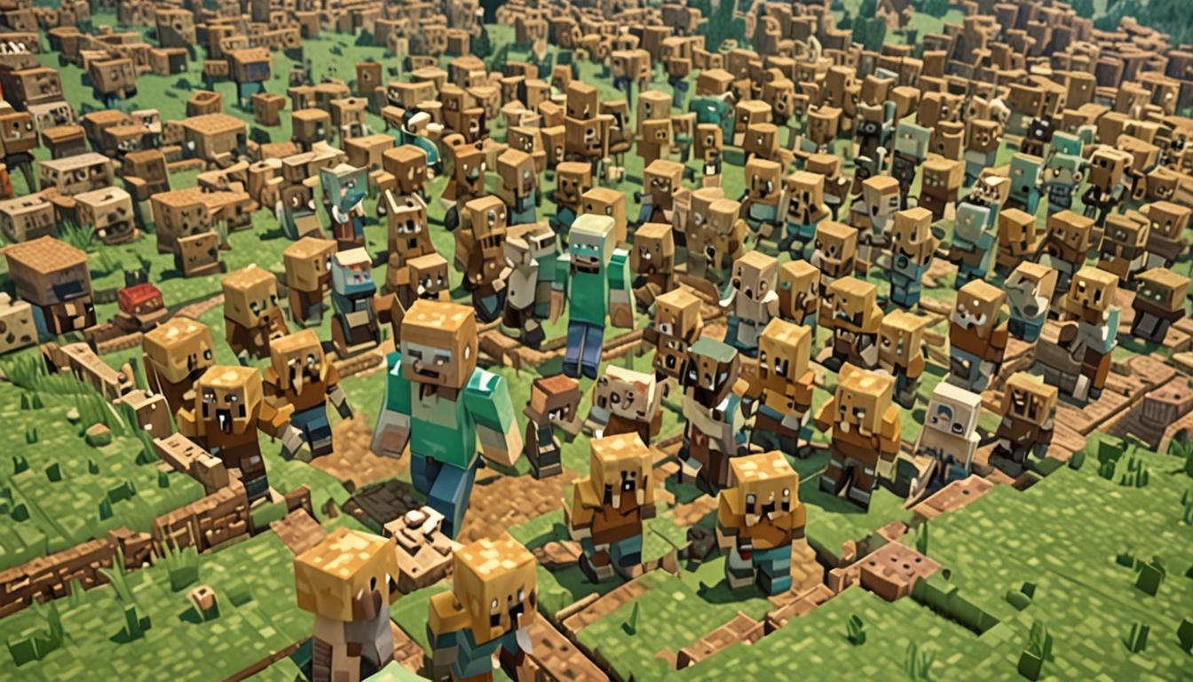 A Minecraft village scene in crisis with blocky pixelated villagers standing outside their cubic homes, all holding their square hands to their noses with worried expressions on their blocky faces. The village is filled with stacks of moldy green and yellow cheese blocks scattered everywhere - replacing what should be bread, cookies, and other food items. Mrs. Peterson's house has cheese blocks spilling out of her doorway and windows, while the baker's shop is completely overflowing with large circular cheese wheels rendered in Minecraft's signature blocky style with green mold textures. The village well in the center has a yellowish-green tint to its water, suggesting it too has been affected by the cheese transformation. Worried adult villagers with their characteristic long noses and brown robes are gathered in small groups, gesturing at the cheese-covered landscape with distressed body language. The entire scene has a slightly greenish tint from the overwhelming presence of moldy cheese, with Minecraft's typical bright, saturated colors but with an ominous atmosphere of concern and crisis affecting this once-peaceful blocky village.
