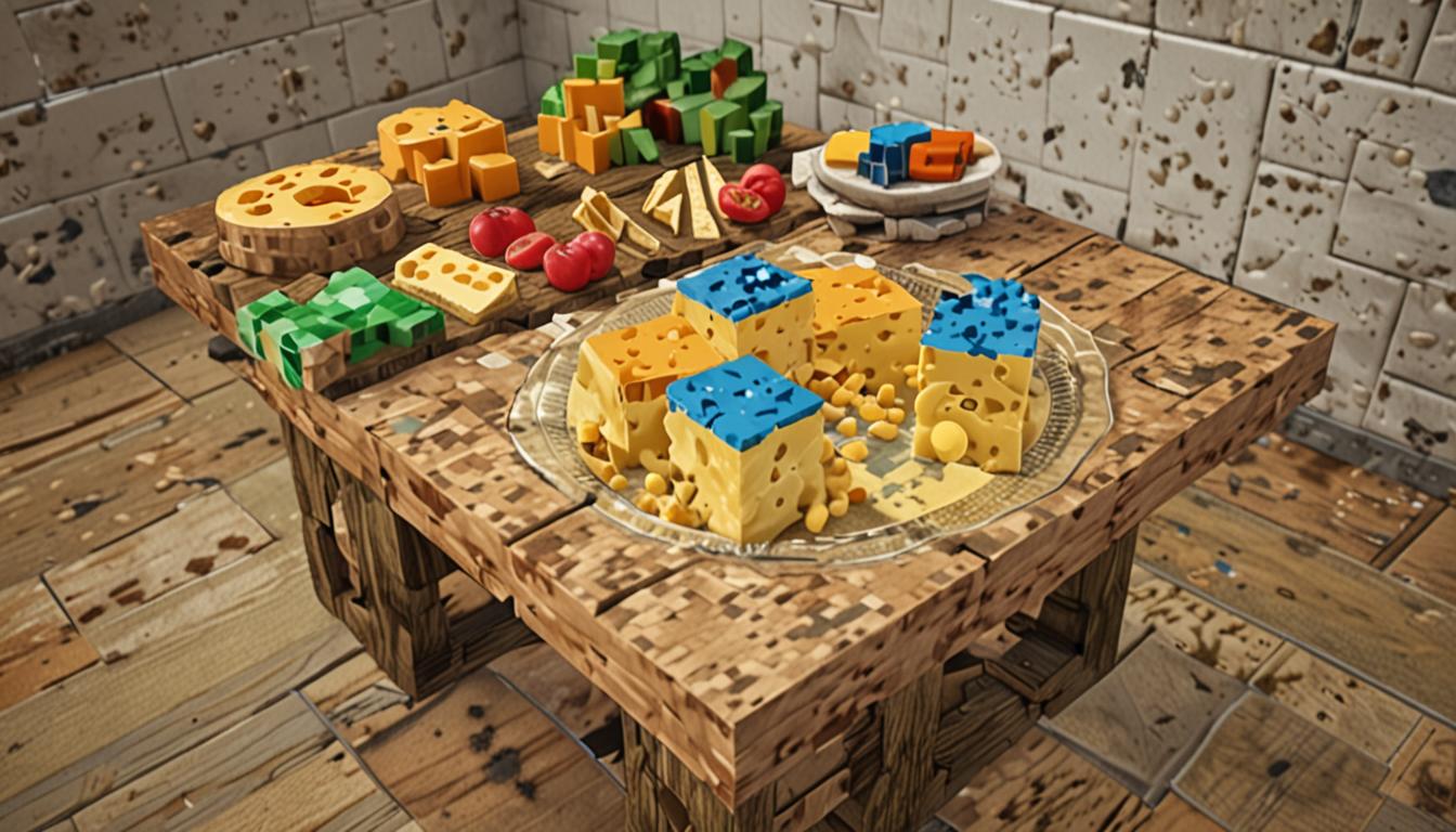 A Minecraft-style kitchen scene with blocky, pixelated furniture showing a wooden breakfast table made of oak planks with several transformed food items on top. On the table sits a large wheel of moldy cheese block with green and blue fuzzy mold textures covering its yellow-orange cheese surface, replacing what should be bread. Next to it, a wooden bowl contains small cubic cheese blocks with a grayish-green tint and rough, unappetizing textures where fresh red apple blocks should be. A glass bottle filled with chunky, yellowish liquid sits nearby, representing the sour cheese-flavored water. The kitchen has cobblestone walls and wooden plank flooring, with morning sunlight streaming through a window made of glass panes, casting bright rectangular light patches across the scene. Two Minecraft player characters stand in the room - one adult character with brown hair wearing a blue shirt looking confused and concerned, and a younger character with a shocked expression, both rendered in the classic blocky Minecraft art style with square heads and rectangular bodies. The overall atmosphere conveys surprise and disgust through the characters' facial expressions and the unappetizing transformation of the food blocks.