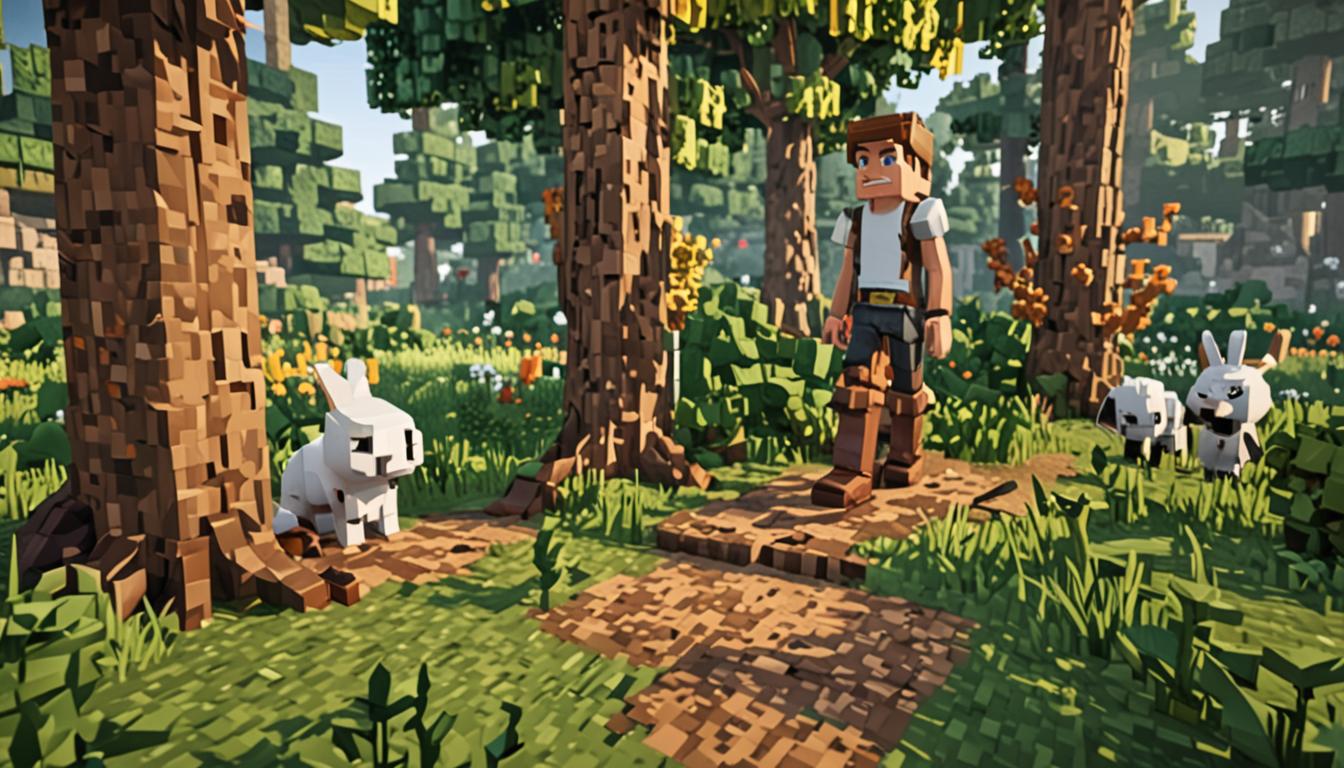 A Minecraft-style blocky, pixelated scene showing a young player character with mismatched boots - one brown leather boot and one black leather boot - standing in a lush forest biome with tall oak and birch trees made of cubic blocks. The character has a gentle expression and is surrounded by various peaceful Minecraft animals including white and brown pixelated rabbits with their characteristic long ears, gray wolves with wagging square tails, and other forest creatures all drawn to the player in a friendly manner. The animals are rendered in classic Minecraft blocky style with their distinctive cubic shapes and pixelated textures, showing hearts floating above them to indicate their affection. In the background, a small village with cobblestone and wooden plank houses can be seen through the trees, with other villager NPCs visible in the distance looking skeptical or dismissive. The lighting is warm and dappled, filtering through the square leaves of the trees, creating a magical atmosphere that emphasizes the character's special connection with the wildlife. The entire scene maintains the characteristic low-resolution, voxel-based aesthetic of Minecraft with its distinctive color palette and geometric shapes.