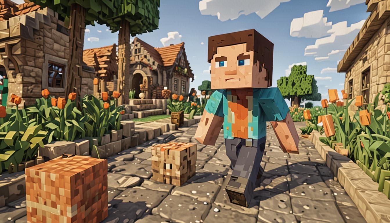 A young Minecraft villager character named Jake with blocky pixelated features standing in a cobblestone village path, stumbling over scattered loose cobblestone blocks with his arms flailing for balance in classic Minecraft animation style. Behind him sits a small blocky house with a modest garden plot containing pixelated crops like wheat, carrots, and potatoes arranged in neat rows with brown dirt blocks and water channels. In the background, a hilariously constructed shed made entirely of upside-down oak wood stair blocks creates an impossible architectural mess, with the stairs pointing downward creating a chaotic zigzag pattern instead of a proper roof. The village setting features typical Minecraft elements including cobblestone pathways, oak wood houses with glass pane windows, and other blocky villager NPCs watching Jake's clumsy mishap with amused expressions. The scene is bathed in warm Minecraft daylight with soft shadows cast by the cubic buildings, while scattered cobblestone blocks lie around Jake's feet showing his path of destruction through the village square. Small details include a few diamond ore blocks visible in the distance underground through a partially dug hole, representing other kids' mining dreams that Jake doesn't share, while his peaceful garden tools like a wooden hoe and water bucket sit nearby his flourishing crop plots.