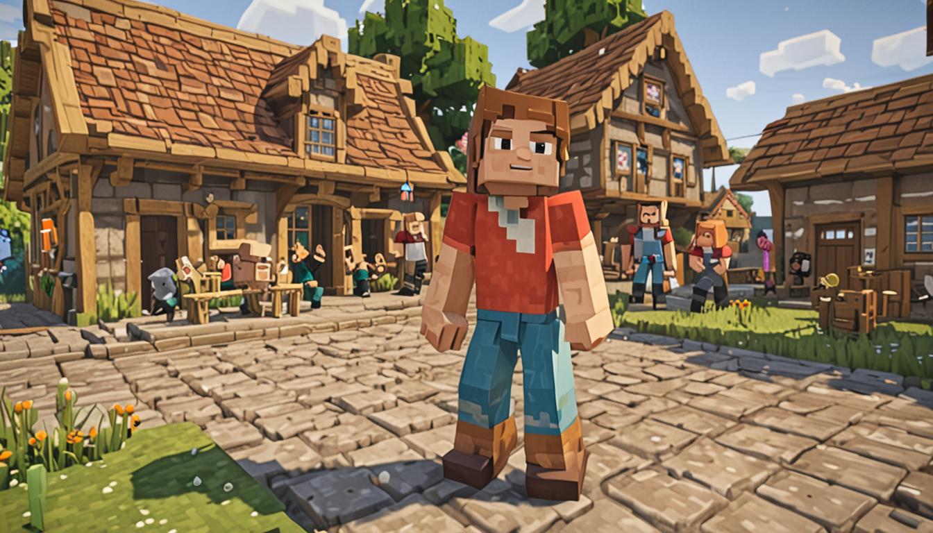 A blocky, pixelated Minecraft scene showing a cheerful Steve-like character named Jake with brown blocky hair and a friendly expression, standing in a vibrant village square surrounded by smiling Minecraft villagers with their characteristic large noses and robes. In the background, there's a comically tilted wooden shed built upside-down with its roof touching the ground and foundation pointing skyward, constructed from oak wood blocks and planks in typical Minecraft building style. Scattered around Jake's feet are various colorful Minecraft blocks - cobblestone, dirt, and stone blocks - that he appears to have tripped over, with some blocks still tumbling through the air in a cartoonish manner. The villagers are gathered in a semi-circle around Jake, their blocky faces showing warm, genuine smiles and raised hands in welcoming gestures, creating an atmosphere of acceptance and community. The scene is bathed in warm, golden Minecraft sunlight with soft shadows cast by the blocky buildings, and the ground is made of grass blocks with small pixelated flowers dotting the landscape, emphasizing the heartwarming transformation from mockery to genuine affection in this charming Minecraft village setting.