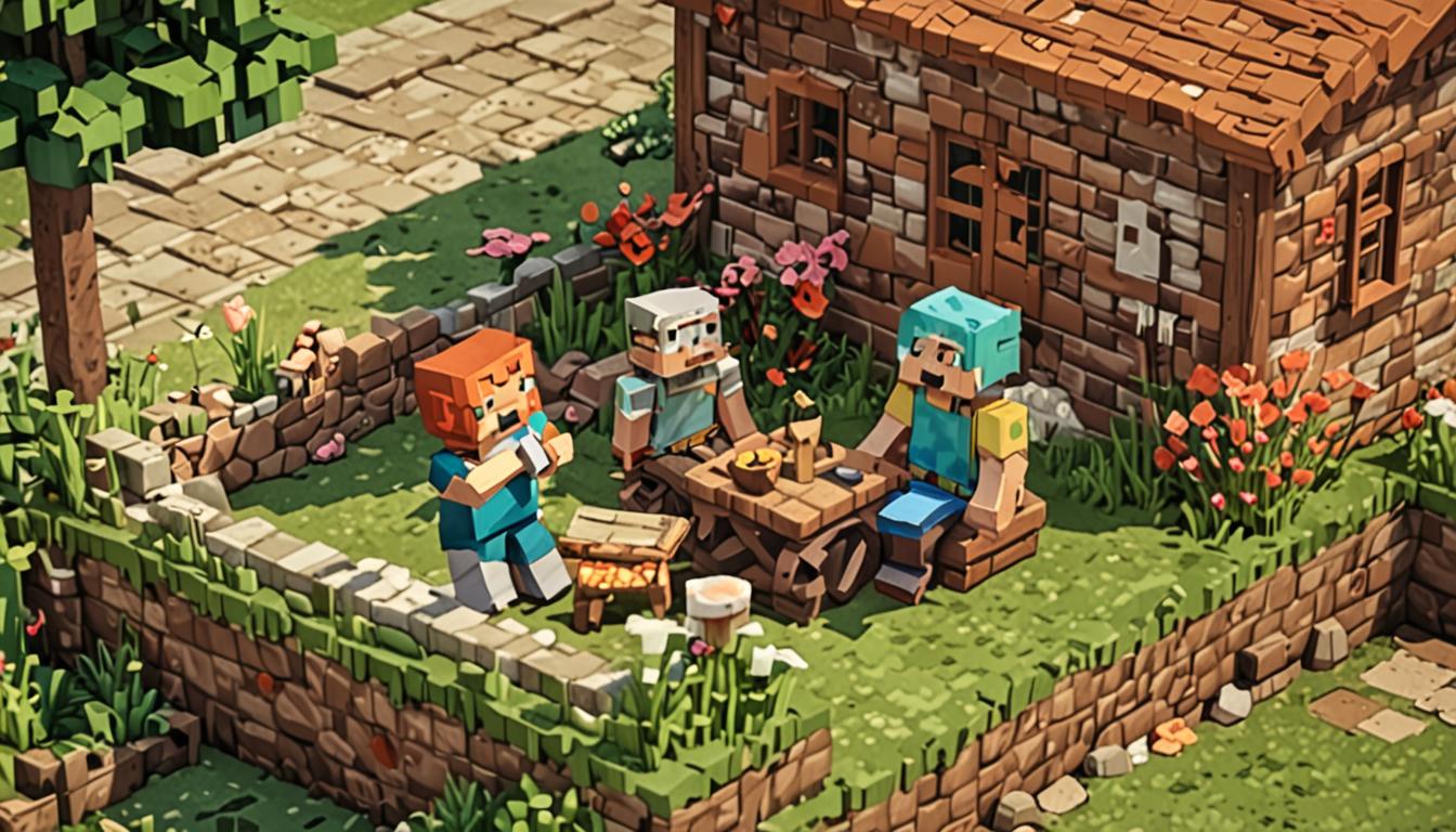 A charming Minecraft village scene featuring three blocky, pixelated characters having a picnic in a well-tended garden. Ratcheese, a friendly villager character with distinctive blocky features, sits alongside Giggleface, another cheerful Minecraft-style character, both rendered in the classic cubic aesthetic with simple facial expressions made of pixels. The third character, the narrator, completes the trio as they gather around a colorful picnic blanket made of wool blocks in a checkered pattern. The garden setting showcases neatly arranged crop blocks, flowering plants, and small decorative elements like fence posts and pathways made of cobblestone blocks. On the picnic blanket, there are various Minecraft food items including blocky cheese wheels, bread loaves, and other pixelated consumables, all rendered in the game's distinctive low-resolution style. The scene is bathed in warm, soft lighting that creates a cozy afternoon atmosphere, with blocky trees and village buildings visible in the background, their geometric shapes and textured surfaces perfectly capturing the Minecraft aesthetic. The overall mood is peaceful and friendly, with the characters appearing to be engaged in animated conversation and laughter, their simple but expressive pixelated faces conveying joy and companionship in this idyllic village setting.