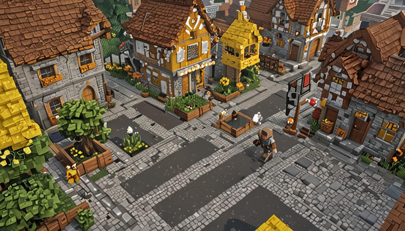 A Minecraft village scene with blocky cobblestone pathways winding between pixelated wooden houses with dark oak roofs and glowing yellow window squares. In the foreground, a clumsy Minecraft character with brown blocky hair is mid-stumble over a gray cobblestone block, arms flailing in classic Minecraft animation style with square limbs and pixelated clothing. A wooden milk bucket lies tipped over nearby, with white blocky milk spilling across the cobblestone in geometric puddle shapes. In the background, a menacing villain character named Ratcheese stands with glowing magical cheese blocks floating around him - bright yellow and orange pixelated cheese cubes emanating sparkly particle effects that are being disrupted by the spilled milk. The village houses show warm orange lighting from within their square windows, and pixelated villagers peek out with their characteristic large noses and brown robes. The scene captures a moment of heroic accident with dramatic lighting casting blocky shadows across the cobblestone ground, emphasizing the contrast between the clumsy hero's mishap and the magical threat being neutralized.