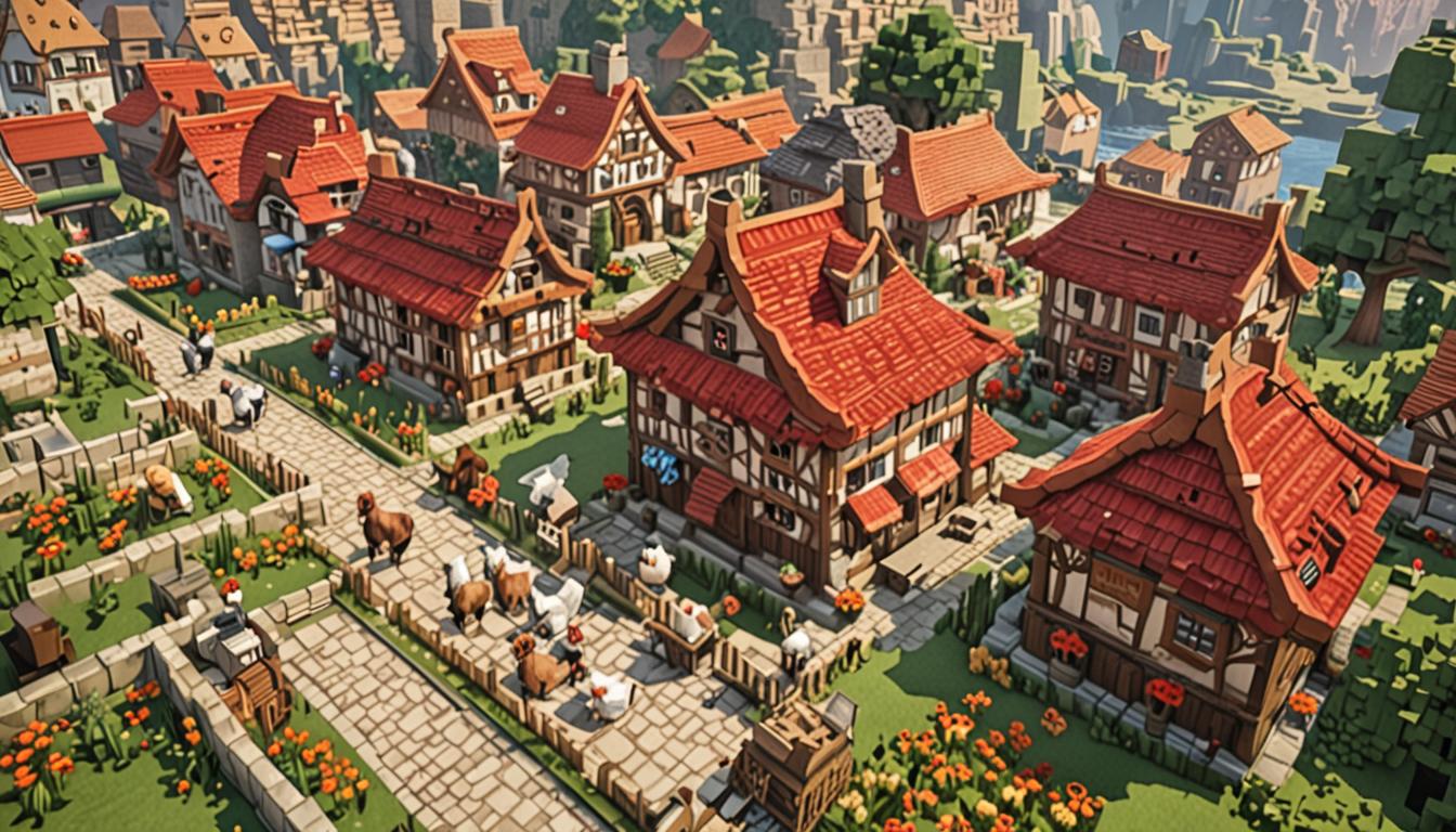 A vibrant Minecraft village scene with blocky, pixelated architecture featuring cobblestone paths and wooden houses with distinctive peaked roofs, where cheerful villagers with their characteristic large noses and brown robes are gathered in celebration, their blocky arms raised in joy. In the foreground, several white and brown pixelated chickens with bright red combs are scattered around, some flapping their square wings, creating a festive atmosphere from what appears to be the aftermath of a parade. The village square is filled with various Minecraft food items displayed on wooden tables - golden carrots, bread loaves, cooked chicken, and colorful fruits, all rendered in the game's signature blocky, low-resolution style with distinct pixel textures. Warm, golden sunlight filters through the scene, casting soft shadows on the cobblestone ground and highlighting the celebratory mood, while emerald-green grass blocks and oak trees with square leaves frame the village borders. The central focus shows a player character in diamond armor standing proudly among the celebrating villagers, with particles of experience orbs floating around them, capturing the triumphant moment of a hero's return to their beloved blocky homeland.