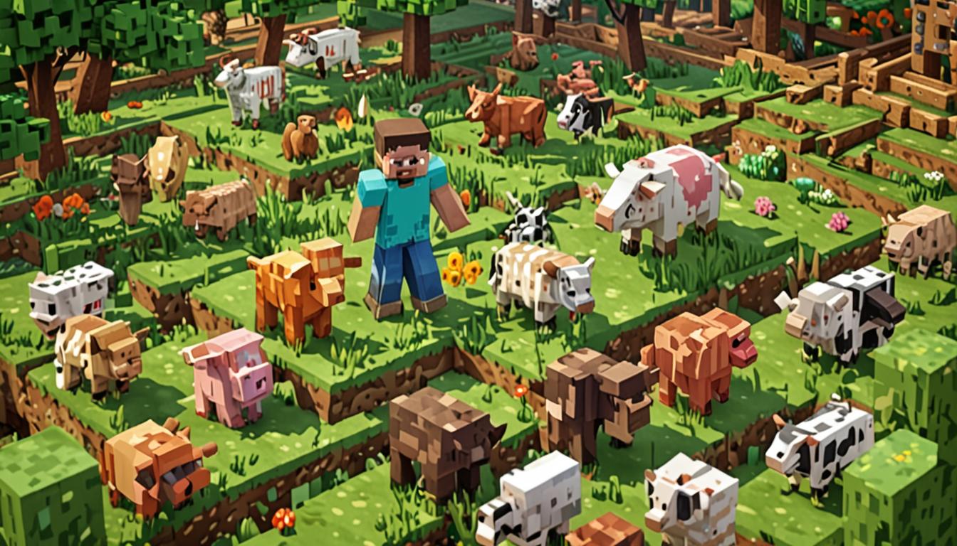 A heartwarming Minecraft scene showing two blocky pixelated characters standing in a lush green biome with various farm animals nearby. The first character, with kind eyes made of square pixels, extends their blocky hand in a friendly gesture toward the second character named Ratcheese, who has a surprised expression rendered in classic Minecraft style with square features and pixelated clothing that appears slightly worn. Around them, peaceful Minecraft animals like cows, pigs, chickens, and sheep graze contentedly in the blocky grass, their forms rendered in the characteristic cubic Minecraft aesthetic with simple geometric shapes and vibrant colors. In the background, a cozy wooden cabin built from oak planks and cobblestone sits nestled among pixelated trees with square leaves, while golden sunlight filters through the blocky canopy creating warm, inviting shadows across the scene. The atmosphere conveys friendship and redemption, with soft lighting that highlights the emotional moment between the two characters as they stand surrounded by the peaceful, blocky Minecraft world filled with potential animal companions.