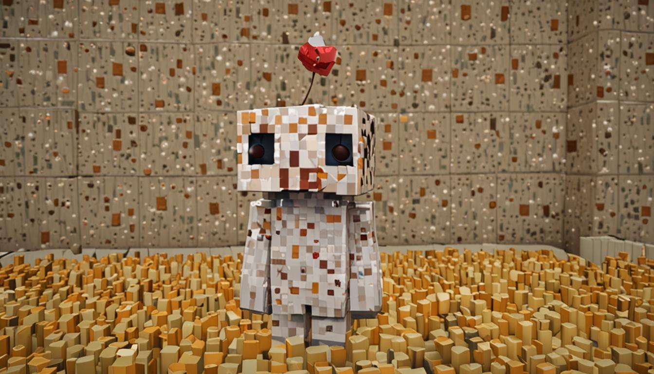 A blocky, pixelated Minecraft scene featuring a sad-looking mob character named Ratcheese with distinctive cubic features and droopy, melancholic eyes that convey loneliness despite his grumpy exterior expression. The character has a boxy, angular design typical of Minecraft entities, with textured surfaces showing subtle emotional details in the pixelated face. Surrounding the character are scattered blocky cheese items rendered in bright yellow cubic blocks with hole patterns, emphasizing his solitary hoarding behavior. The environment shows a dimly lit underground cave or hideout with rough stone block walls and minimal lighting from a few torch blocks, creating shadows that enhance the lonely, isolated atmosphere. Small particle effects suggest recent sneezing with tiny white cubic particles floating in the air around the character's blocky nose area. The overall color palette uses muted earth tones with pops of yellow from the cheese blocks, while the lighting creates a somber, empathetic mood that reveals the character's true vulnerable nature beneath his gruff exterior.