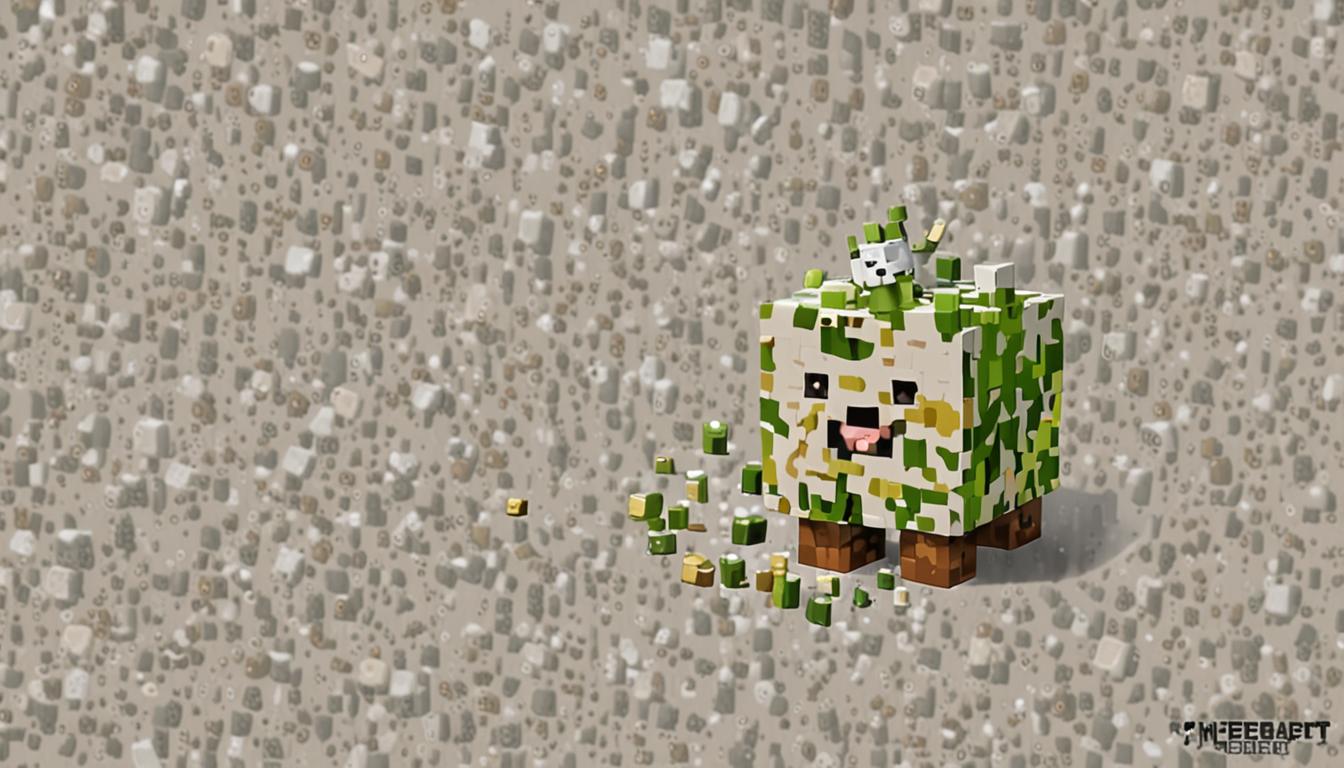 A Minecraft-style blocky character named Ratcheese with pixelated green and brown moldy textures covering his cubic body, mid-sneeze with particle effects bursting from his square nose in white blocky puffs. His distinctive crown made of aged, moldy cheese blocks with green and yellow pixelated decay patterns tumbles through the air, about to splash into a white milk puddle rendered in Minecraft's fluid block style with rippling square wave effects. The village background features blocky Minecraft houses with cobblestone and oak wood construction, while magical transformation particles in golden yellow and white cubic sparkles float throughout the scene. Various food items scattered around the village are visibly changing from rotten, green-tinted cheese blocks back into fresh, vibrant food blocks - bright red apples, golden bread loaves, and colorful vegetables all rendered in Minecraft's distinctive pixelated block aesthetic. The lighting has a warm, magical glow with volumetric light rays streaming down in blocky, pixelated beams, creating an enchanted atmosphere as the cheese magic reverses throughout the cubic village landscape.
