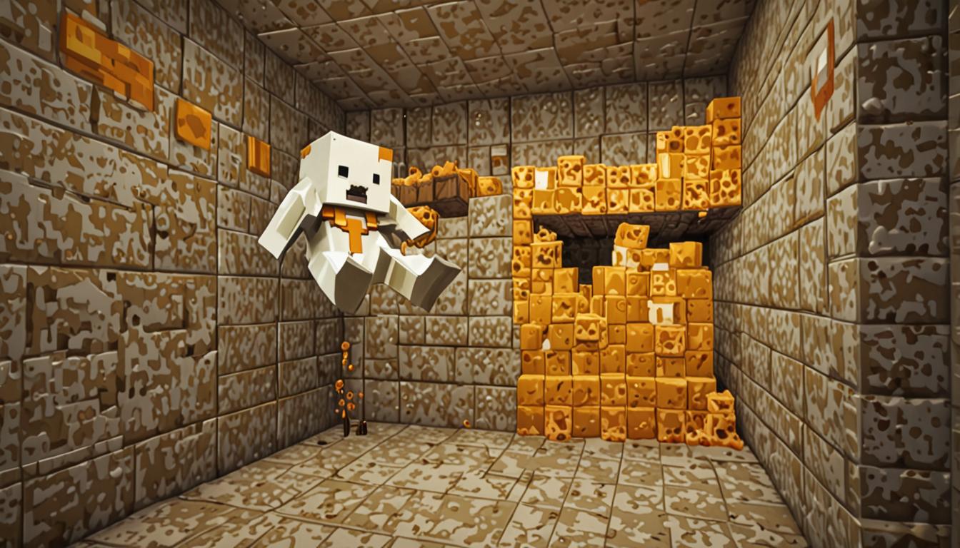 A dramatic Minecraft scene showing a pixelated character mid-fall in a blocky underground chamber, with a large cubic milk bucket tipping over from a shelf made of yellow-orange cheese blocks. Creamy white pixelated milk splashes in geometric, blocky patterns across the stone floor, covering a wizard-like Minecraft villager character named Ratcheese who has a pointed hat and robes. The milk also splashes onto a large black iron cauldron with bubbling purple magical particles and a shimmering golden ladle with enchantment glints. The cheese block shelf displays the characteristic holes and yellow-orange coloring of Minecraft cheese blocks, while the underground setting features cobblestone walls with torch lighting casting warm orange glows. The falling character is captured in a dynamic pose with arms outstretched, and milk droplets are rendered as small white cubic particles frozen in mid-air, creating a chaotic but magical atmosphere in true blocky Minecraft style.