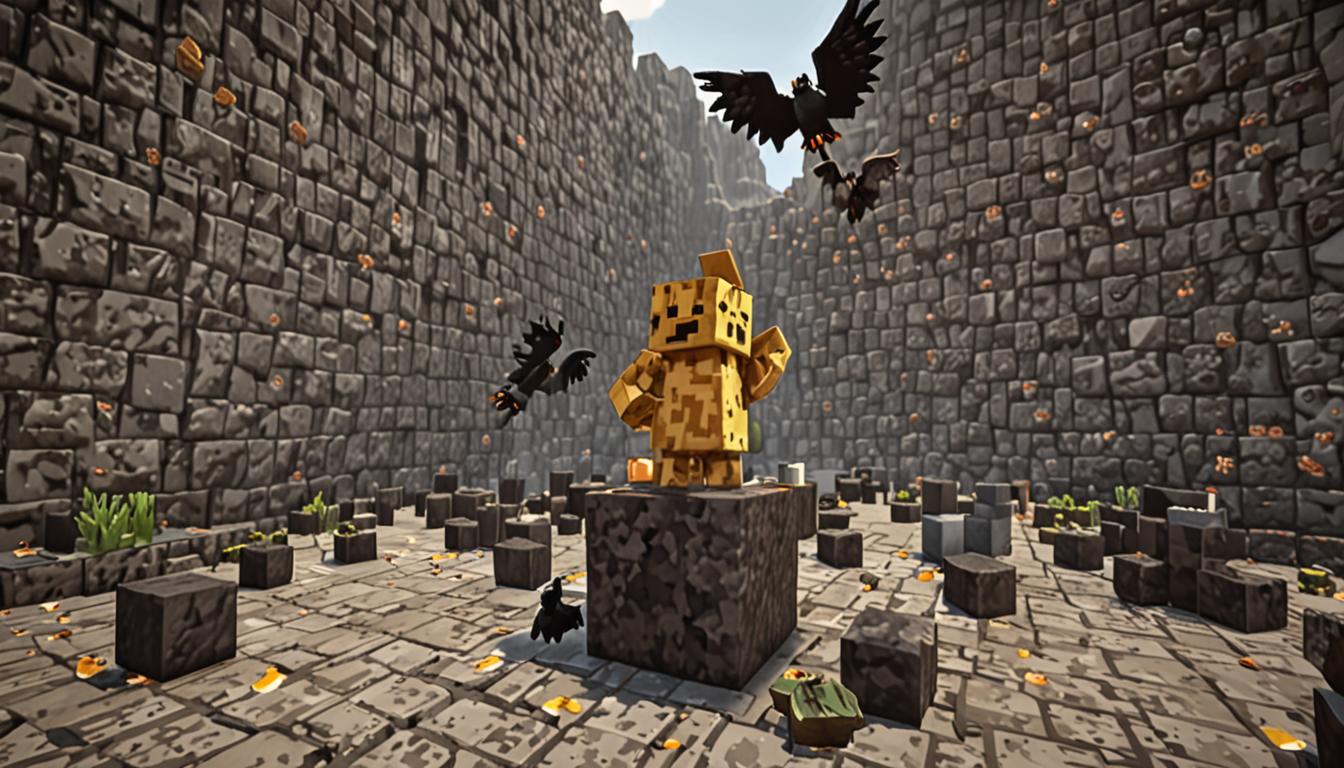 A blocky Minecraft scene showing a pixelated character named Ratcheese with distinctive cheese-textured cubic hands raised in the air, standing next to a large black cauldron made of dark stone blocks with bubbling contents. Above him, several black cubic Minecraft crows with angular wings spread wide are flying in chaotic patterns, their beaks open as if cawing loudly. The crows cast blocky shadows on the ground below as they circle and dive through the air. Ratcheese appears confused and annoyed, his square head tilted upward toward the noisy birds, with his cheese-covered blocky hands gesturing frantically at the sky. The scene is set in a typical Minecraft environment with grass blocks beneath their feet, and the lighting suggests an outdoor setting with natural sunlight casting sharp, pixelated shadows from the flying crows onto the emerald green grass blocks.