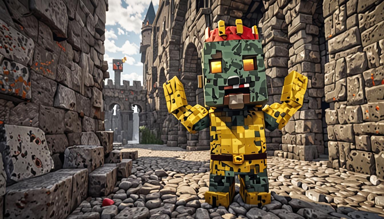 A menacing Minecraft-style villain character named Ratcheese stands inside a dark, imposing blocky fortress made of stone bricks and cobblestone, with his arms raised triumphantly in a bragging pose. The character has a grumpy, angular blocky face with glowing red pixelated eyes and is wearing an elaborate crown crafted entirely from moldy green and yellow cheese blocks, with visible mold spots rendered in darker green pixels across the crown's surface. A flowing cape drapes behind him, constructed from fabric blocks covered in yellowish-brown cheese stain patterns that create a dirty, unkempt appearance across the pixelated textile. In his blocky hand, he grips a magical ladle item that glows with purple and dark energy particles, sparkling with evil enchantment effects that emit small floating pixel particles around the utensil. Before him sits a large cauldron made of iron blocks, filled with bubbling golden cheese sauce that creates animated liquid textures with steam particles rising upward. The fortress interior features dim lighting with torches mounted on the walls, casting dramatic shadows across the stone block surfaces, while the overall atmosphere conveys a sinister, villainous lair filled with cheese-themed magical implements and brewing equipment scattered throughout the blocky environment.