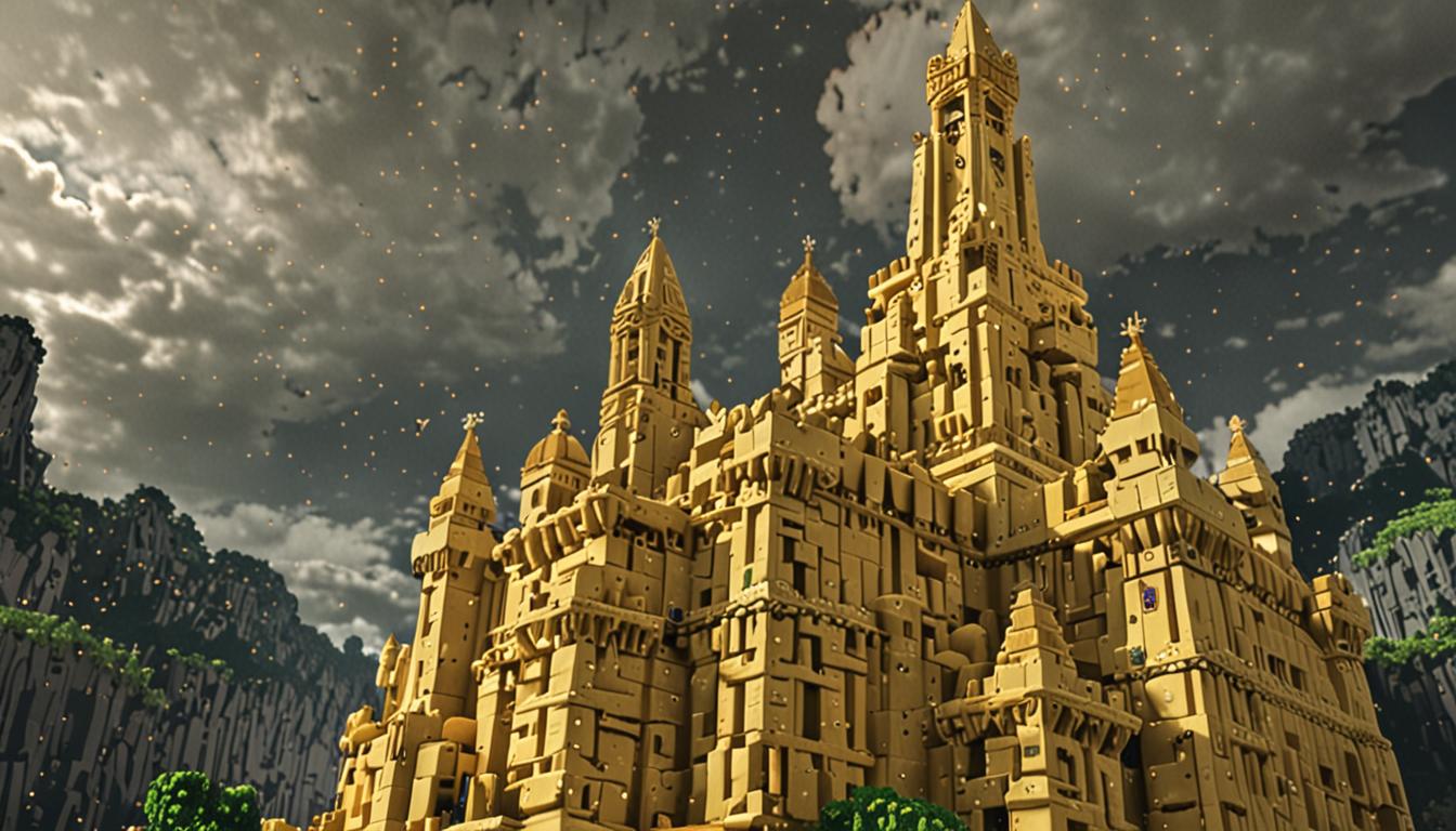 A massive Minecraft fortress constructed entirely from bright yellow cheese blocks with a distinctly pixelated, blocky texture, towering against a darkened sky with ominous green magical particles floating in the air. The fortress features tall rectangular towers and thick walls all made of the same golden-yellow cheese blocks, with visible seams between each cubic block following classic Minecraft building patterns. Throughout the fortress courtyard and battlements, numerous iron cauldrons with bubbling, glowing yellow-green cheese sauce are positioned, each cauldron emitting bright magical sparkles and steam effects in true Minecraft potion-brewing style. Two blocky Minecraft player characters stand at the fortress entrance - one with a distinctive oversized head featuring a grinning face texture, representing Giggleface, and another standard Minecraft character beside them, both rendered in the classic pixelated player skin style. The entire scene is bathed in an eerie yellow-green magical glow emanating from the bubbling cauldrons, with visible stink lines and magical particle effects swirling around the cheese blocks, creating an atmosphere of mystical cheese magic in the distinctive cubic, low-resolution Minecraft aesthetic.