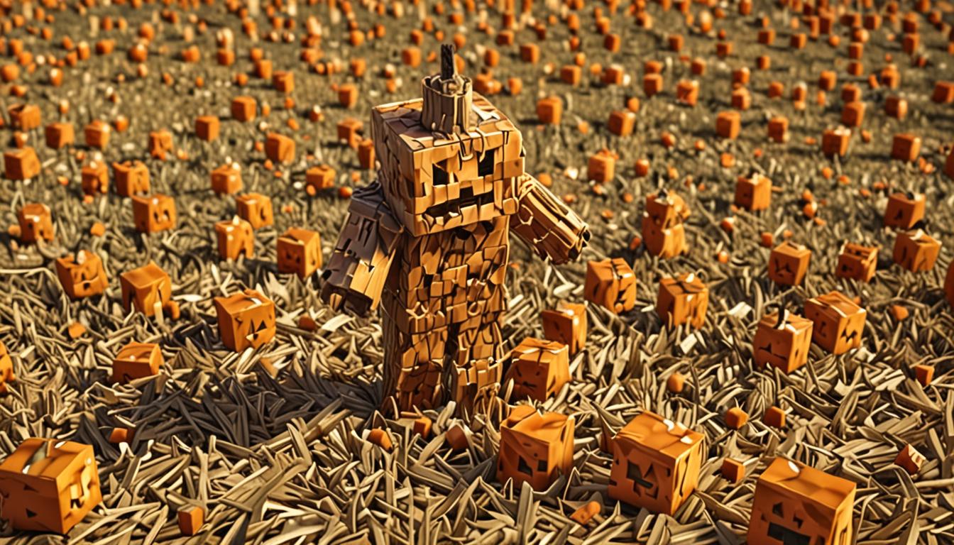 A chaotic Minecraft scene featuring a blocky scarecrow character named Giggleface tumbling backward into a scattered pile of orange pixelated pumpkin blocks, his rectangular straw-textured body coming apart with golden wheat and hay block particles flying through the air. His square pumpkin head displays a carved jack-o'-lantern face with wide, glowing yellow eyes and a surprised open mouth expression, all rendered in classic Minecraft's blocky, low-resolution style. In the background, a parade of white and red Minecraft chickens with their characteristic boxy bodies and orange beaks are moving chaotically, their pixelated feathers ruffled and wings flapping in the distinctive jerky animation style. The scene is set in a rustic Minecraft farm environment with dirt block ground, scattered orange pumpkin blocks rolling around, and floating golden straw particles creating a dynamic, comedic moment captured in the game's signature cubic aesthetic. The lighting has a warm, autumn-like glow typical of Minecraft's daytime lighting system, casting soft shadows from the geometric shapes and highlighting the textured surfaces of all the blocky elements in the scene.