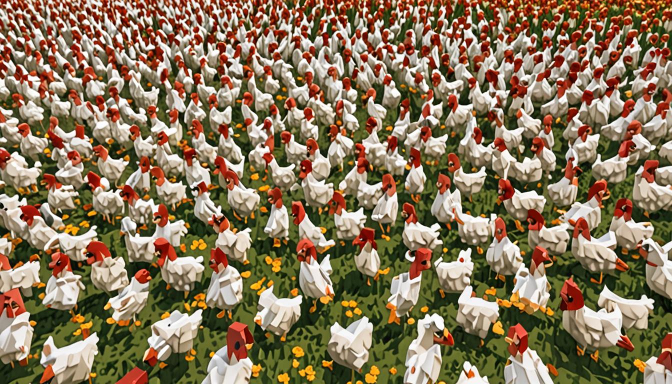 A Minecraft-style blocky, pixelated scene showing a large group of dozens of white and brown cubic chickens with their characteristic red combs and beaks, all gathered around and following a Minecraft player character who has visible flower seeds spilling from their blocky inventory pockets. The chickens are animated in typical Minecraft fashion with flapping square wings and their heads bobbing as they cluck excitedly, creating a chaotic but amusing mob. In the background, a dark, imposing fortress made of blackstone and obsidian blocks looms ominously, representing Ratcheese's stronghold with tall spired towers, glowing redstone torches, and intimidating battlements. The scene is set in a grassy biome with blocky green grass blocks and scattered wildflowers, while the player character appears surprised and overwhelmed by the unexpected chicken parade that has disrupted their stealth mission. The lighting creates dramatic shadows from the fortress while maintaining the bright, colorful aesthetic typical of Minecraft's visual style, with the chickens creating a stark contrast between the comedic chaos in the foreground and the menacing fortress destination in the background.