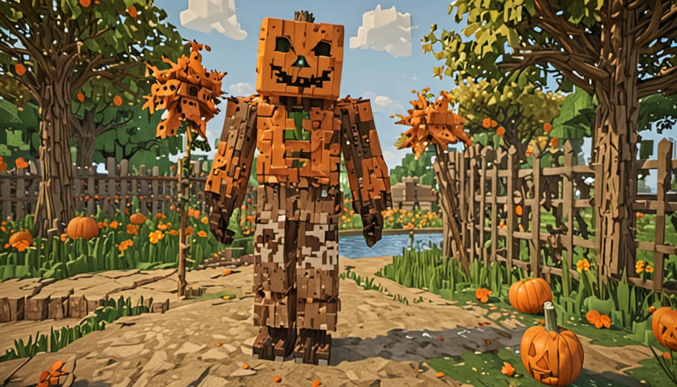 A Minecraft-style blocky scarecrow character named Giggleface stands in a pixelated farmland setting, constructed with brown wooden fence post blocks for the body and limbs, wearing tattered burlap-textured clothing made of tan and brown blocks. The scarecrow's head is a large, orange pumpkin block with carved jack-o'-lantern faces that dynamically shift between expressions - one side showing a wide blocky smile with glowing yellow pixel eyes, another side displaying a surprised expression with raised eyebrow pixels, and a third face showing comically crossed eyes made of dark pixels. Several black crow mobs with sharp beaks and wing-flapping animations circle around the scarecrow, their feathers rendered in dark pixelated textures. The scene is set in a typical Minecraft agricultural biome with green grass blocks, scattered hay bales made of yellow wheat block textures, and a bright blue sky with white square cloud formations. The lighting has a warm, golden-hour glow that illuminates the pumpkin head's carved features and casts blocky shadows across the farmland terrain, creating a whimsical yet slightly chaotic atmosphere as the crows persistently follow their scarecrow target.