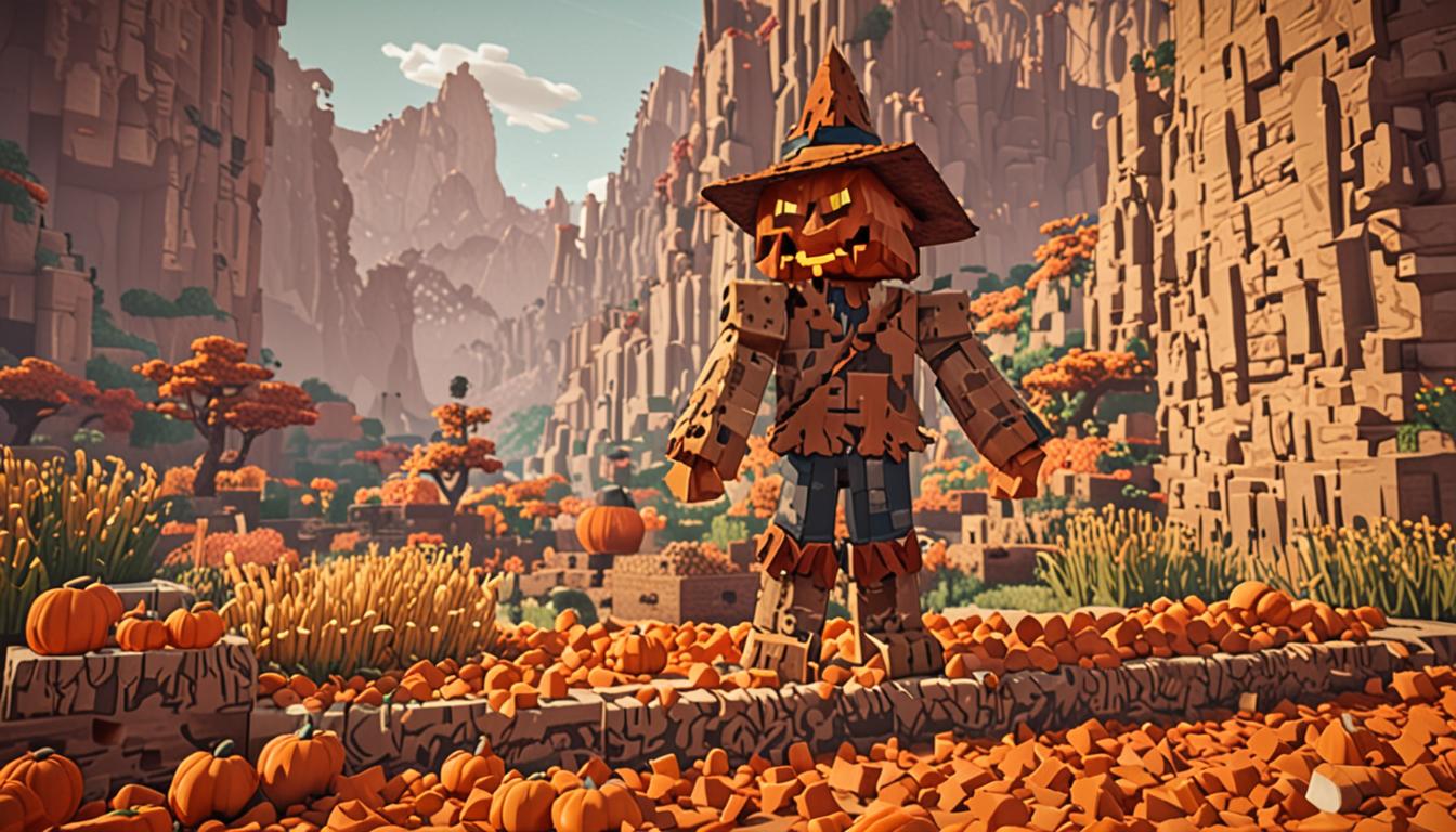 A vibrant Minecraft Mesa biome scene with distinctive red and orange terracotta cliffs in the background, featuring a whimsical animated scarecrow character with a bright orange blocky pumpkin head complete with carved triangular eyes and a jagged mouth, all rendered in classic Minecraft's pixelated style. The scarecrow has a brown burlap-textured blocky body with hay sticking out at the joints, wearing a tattered blue shirt and brown pants, caught mid-dance with arms outstretched and one leg kicked up in a joyful pose. Surrounding the scarecrow are several black pixelated crows with beady eyes looking confused and startled, some flapping their blocky wings while perched on fence posts. In the foreground lies a neat pumpkin patch with various sized orange pumpkins growing from dark soil blocks, their green stems clearly visible. Nearby on the ground sits a distinctive Minecraft glass bottle containing swirling purple and pink potion liquid, labeled as a Potion of Awkwardness with magical sparkle particles emanating from it. The entire scene is bathed in warm afternoon lighting with long shadows cast across the blocky terrain, capturing the magical and humorous atmosphere of this enchanted encounter in the distinctive low-resolution, cubic art style of Minecraft.