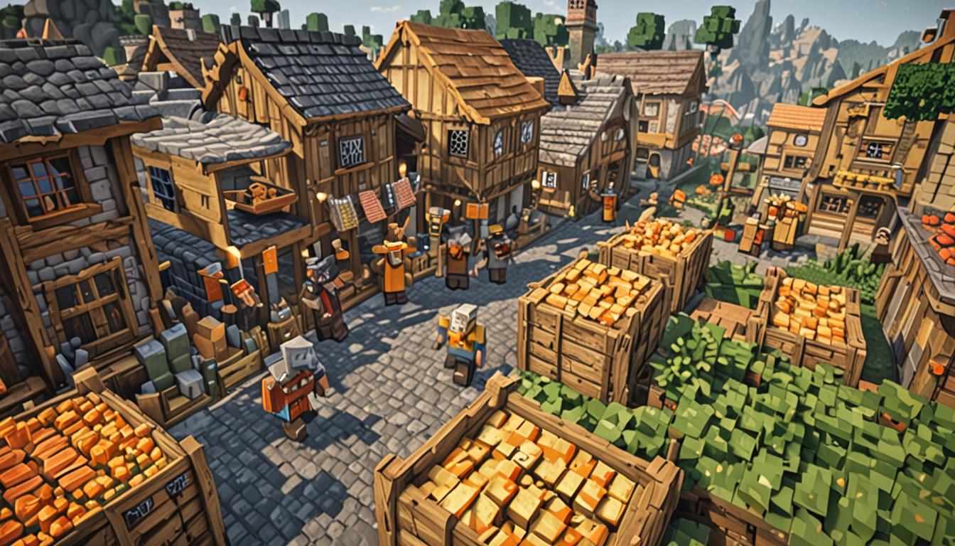 A Minecraft village scene with blocky, pixelated buildings made of cobblestone and oak wood planks, where worried villagers with square heads and brown robes gather around wooden storage chests that are overflowing with yellow-orange cheese blocks instead of normal food items like bread, carrots, and potatoes. An elderly villager with a long gray beard and staff stands prominently in the center, gesturing dramatically toward the contaminated chests with a concerned expression on his blocky face. In the background, various Minecraft farm animals including cows, pigs, chickens, and sheep appear thin and dejected with drooping heads, standing near empty feeding troughs made of wooden planks. The village atmosphere is dim and gloomy with overcast gray clouds in the pixelated sky, casting shadows across the cobblestone paths and creating a sense of urgency and desperation. Golden wheat fields in the distance appear wilted and brown, while the village's wooden houses have dim torch lighting flickering from their square windows, emphasizing the dire situation facing this blocky Minecraft community.