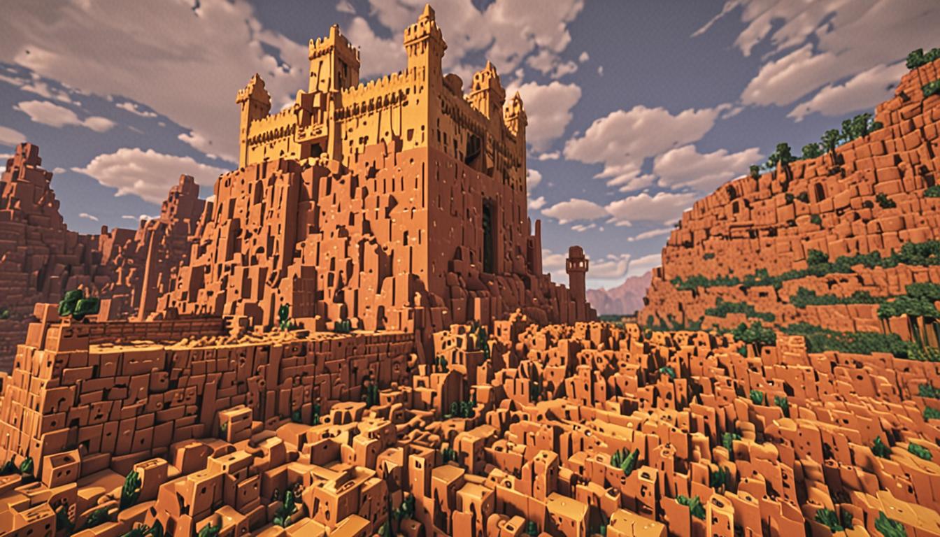 A massive fortress constructed entirely of blocky, pixelated yellow and orange cheese blocks rises dramatically from the red clay and terracotta landscape of a Minecraft Mesa biome, with towering spired walls and battlements that gleam with a golden cheese-like texture under the harsh desert sun. The villain Ratcheese, a menacing Minecraft character with a blocky humanoid form, stands atop the highest tower of his cheese fortress, his pixelated body draped in tattered robes while magical green and purple particle effects swirl around his outstretched blocky arms as he casts evil spells. Below in a distant village, various Minecraft food items like bread, carrots, potatoes, and cooked meat are transforming with magical sparkle effects into moldy, green-tinted cheese blocks that emit stinky particle clouds. The Mesa biome stretches endlessly with its characteristic red sand, clay blocks, and sparse dead bushes, while the cheese fortress dominates the horizon with its imposing blocky architecture featuring cheese-textured walls, towers, and ramparts that catch the orange glow of the setting Minecraft sun. Village NPCs with their distinctive blocky Minecraft appearances gather in the foreground, pointing toward the distant fortress with expressions of concern on their pixelated faces, while magical spell effects streak across the sky like green lightning bolts emanating from the villain's tower.