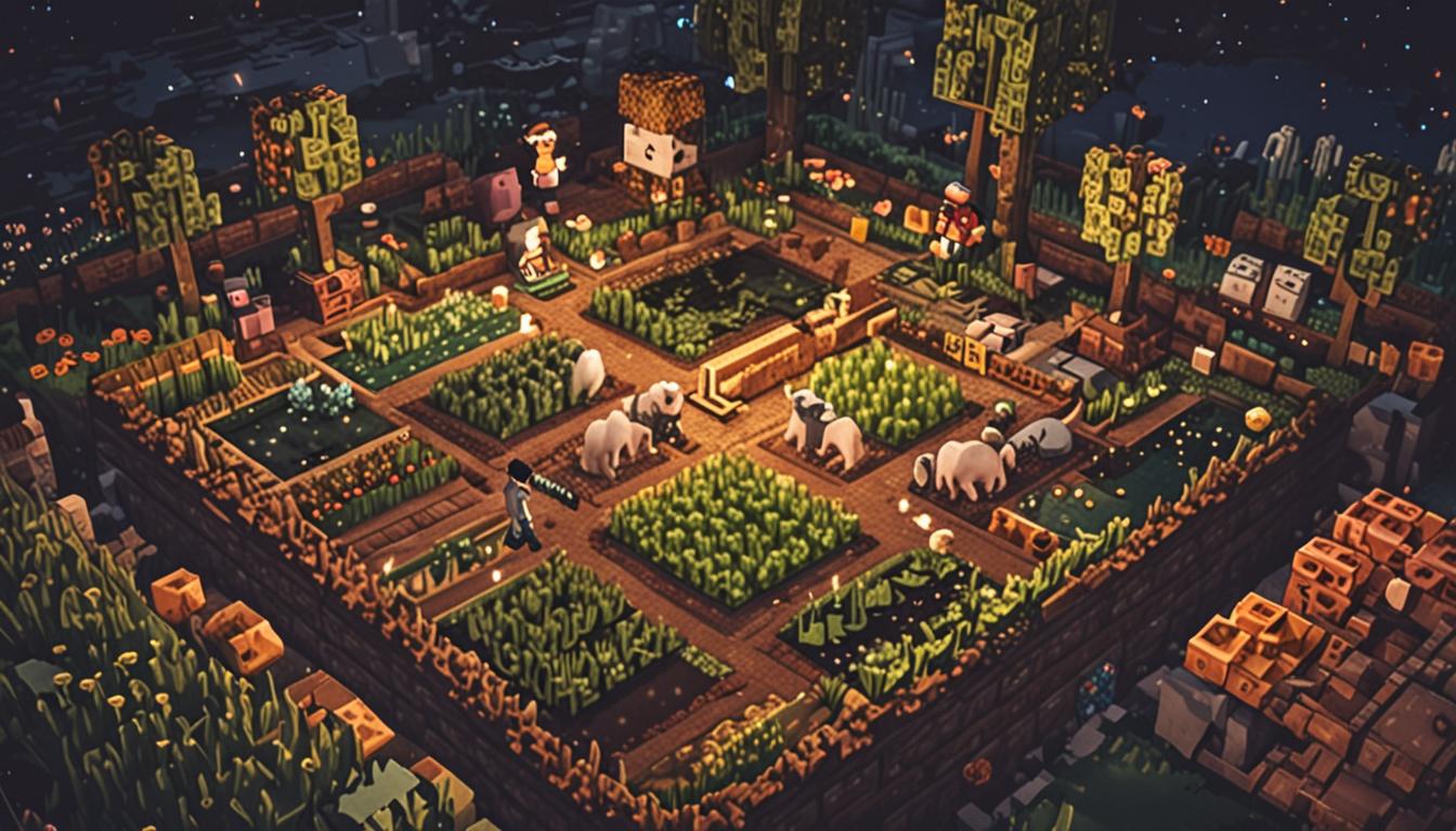 A peaceful Minecraft village garden scene at nighttime with a blocky pixelated player character sitting among neatly arranged crop plots, holding seeds in their blocky hands while planting them into tilled soil blocks. The character has a warm, content expression on their square face, surrounded by various farm animals like pixelated cows, pigs, and chickens wandering nearby in the moonlight. Glowing torch blocks illuminate the garden area, casting soft yellow light on the green grass blocks and brown dirt patches where crops are growing. In the background, cozy village houses with glowing windows can be seen, their blocky wooden and stone brick construction typical of Minecraft architecture. The night sky is deep blue with square stars twinkling above, while the character appears to have a gentle, heroic aura about them, suggesting their important role in protecting this peaceful blocky community. Small details like scattered bone meal particles, water irrigation channels between crop rows, and friendly passive mobs gathering around the character emphasize the nurturing, agricultural atmosphere of this pivotal moment of self-discovery.