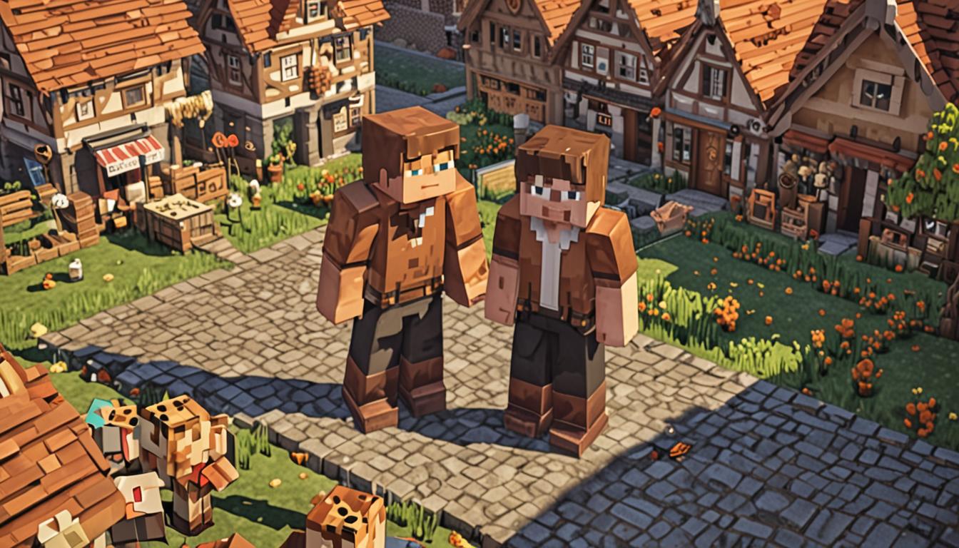 A heartwarming Minecraft village scene featuring a young blocky character named Jake with distinctive cobblestone-textured feet, standing proudly in the center of a bustling pixelated village square surrounded by grateful Minecraft villagers with their characteristic large noses and brown robes. Jake has a warm, determined expression on his blocky face, with slightly messy brown pixelated hair, and is surrounded by various friendly Minecraft animals including wolves, cats, chickens, and cows that seem drawn to him, showcasing his animal-loving nature. The village backdrop features classic Minecraft architecture with cobblestone paths, wooden houses with oak plank walls and stone foundations, and villagers gesturing appreciatively toward Jake with their blocky arms raised in celebration. Golden sunlight filters through the scene, casting warm shadows across the cobblestone ground and highlighting Jake's unique cobblestone-textured feet that sparkle slightly, transforming what was once seen as a weakness into a symbol of strength and heroism. The atmosphere conveys acceptance, pride, and community spirit, with small heart particles floating around Jake and the animals, while the villagers' expressions show genuine admiration rather than mockery, all rendered in the distinctive blocky, pixelated Minecraft art style.