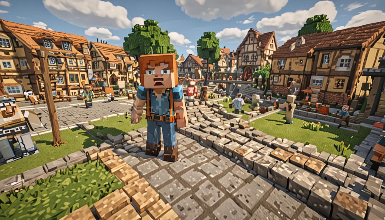 A vibrant Minecraft village square scene with blocky, pixelated cobblestone pathways and traditional Minecraft village buildings made of oak wood planks and cobblestone foundations surrounding the central area. In the foreground, a young Minecraft character named Jake with brown blocky hair and simple clothing stands looking surprised and humble, while another character called Giggleface with a cheerful expression stands nearby. Dozens of excited Minecraft villagers with their characteristic large noses and brown robes are gathered around, some with their blocky arms raised in celebration, others holding various Minecraft food items like bread, carrots, and cooked chicken that glow with a warm, restored appearance. The village square features a central well made of cobblestone blocks, and colorful banners and flags hang from the buildings in celebration. The lighting is warm and golden, suggesting late afternoon sunshine casting blocky shadows across the scene, with particles of joy and celebration floating in the air. The atmosphere is festive and triumphant, with the entire scene rendered in Minecraft's distinctive cubic, pixelated art style with sharp edges and block-based textures throughout every element.