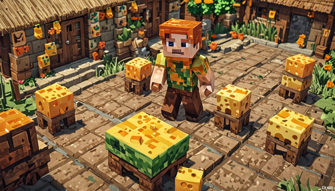A bustling Minecraft village scene with blocky, pixelated characters engaged in cheese-making activities during a moment of crisis resolution. The central figure is Ratcheese, a stocky Minecraft villager with brown blocky hair and green tunic, standing beside a wooden crafting table covered with various cheese wheels rendered in bright yellow and orange cubic blocks. His square face shows excitement with glowing pixelated eyes and a wide smile. Nearby stands Giggleface, another blocky villager character with a cheerful expression, pointing enthusiastically toward a market stall made of oak wood blocks and cobblestone. The market stall displays fresh, golden-yellow cheese blocks arranged neatly on wooden shelves, contrasting sharply with a pile of discarded moldy green cheese blocks scattered on the ground nearby. The village setting features typical Minecraft architecture with cobblestone paths, wooden houses with red clay tile roofs, and other villagers in the background holding emerald blocks as currency, suggesting a thriving trade atmosphere. Warm sunlight filters through the blocky clouds above, casting square shadows and creating a hopeful, industrious mood that reflects the characters' newfound purpose and the resolution of their crisis through cooperation and proper cheese-making practices.
