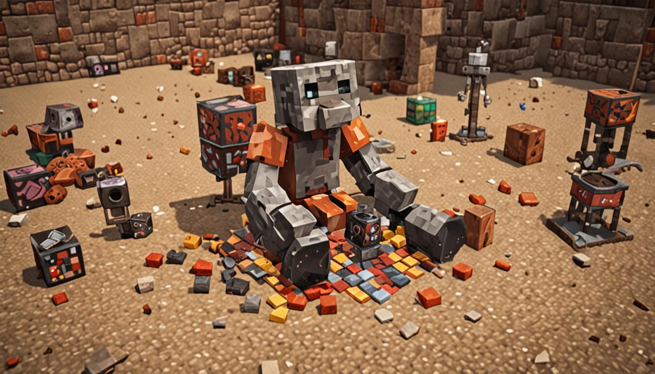 A melancholy Minecraft scene showing a blocky, pixelated character named Ratcheese with a sad expression, sitting dejectedly on the ground surrounded by scattered redstone components, broken pistons, dispensers, and shattered iron blocks that were once part of his elaborate contraption. The broken machine parts are rendered in classic Minecraft style with sharp, cubic edges and pixelated textures, including damaged hoppers, cracked stone blocks, and sparking redstone dust trails. Around the scene are various Minecraft food items transformed into blocky cheese blocks - pixelated bread loaves, carrots, and apples that have been converted into yellow-orange cheese blocks with green moldy spots and fuzzy textures. Ratcheese himself is a standard Minecraft player character with drooped shoulders and downturned blocky eyes, wearing tattered clothing. The setting appears to be inside a stone brick laboratory or workshop with dim torch lighting casting long shadows, creating an atmosphere of failure and regret. Scattered cheese wheels and wheels of moldy cheese with visible green decay spots litter the floor, emphasizing the unfortunate consequences of his cheese-conversion machine experiment.