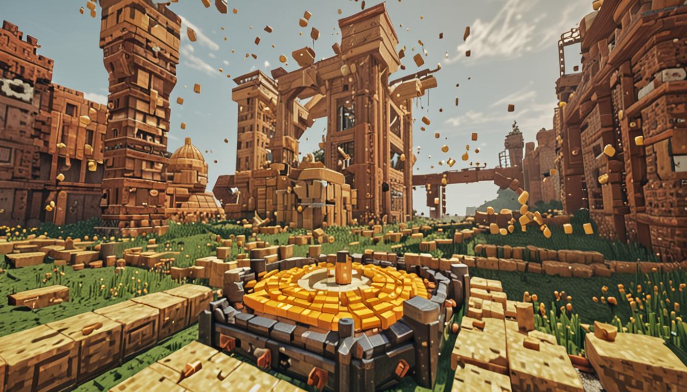 A massive blocky, pixelated cheese wheel made of yellow and orange cubic blocks rolls at high speed across a Minecraft landscape, creating motion blur trails behind it as it hurtles toward an elaborate cheese-making contraption built from iron blocks, redstone circuits, and copper pipes. The industrial machine features multiple levels with bubbling cauldrons filled with white and yellow liquid blocks, steam particles rising from brewing stands, and intricate redstone wiring glowing red throughout the structure. Upon impact, the enormous cubic cheese wheel crashes into the machine with explosive force, sending blocky debris flying in all directions - iron ingots, redstone dust particles, and broken pipe segments scattered across the pixelated ground. Bright yellow and orange spark particles burst from the collision point, illuminating the scene with dynamic lighting effects, while thick gray smoke blocks pour upward from the destroyed brewing apparatus and shattered copper pipes. The aftermath shows the once-functioning cheese factory now reduced to a pile of broken blocks and items, with the massive cheese wheel lodged among the wreckage, all rendered in Minecraft's distinctive cubic, low-resolution aesthetic with sharp edges and pixelated textures.