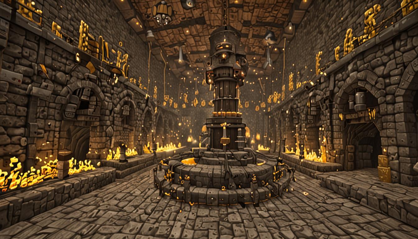 A massive underground Minecraft chamber with towering stone brick walls and dim torchlight casting flickering shadows across the room. In the center stands an enormous, complex contraption built from iron blocks, hoppers, and furnaces - a giant cheese-making machine with steam particles rising from its top and golden-yellow liquid cheese flowing through glass tubes and cauldrons. The machine hums with redstone energy, glowing red dust circuits snaking along its blocky frame, while large brewing stands bubble with molten cheese-colored potions. A villager character named Ratcheese, wearing a dark hooded robe and evil expression, stands before a massive iron cauldron filled with bright yellow, bubbling liquid cheese, holding a wooden stirring stick. The floor is constructed entirely of smooth cobblestone blocks in a checkerboard pattern, but one single cobblestone block in the foreground appears slightly raised and loose, creating a dangerous trap. Golden cheese blocks are stacked around the room's perimeter, and the atmosphere is filled with yellow-tinted steam particles and an ominous, industrial ambiance with warm lighting from the furnaces contrasting against the cold stone walls.