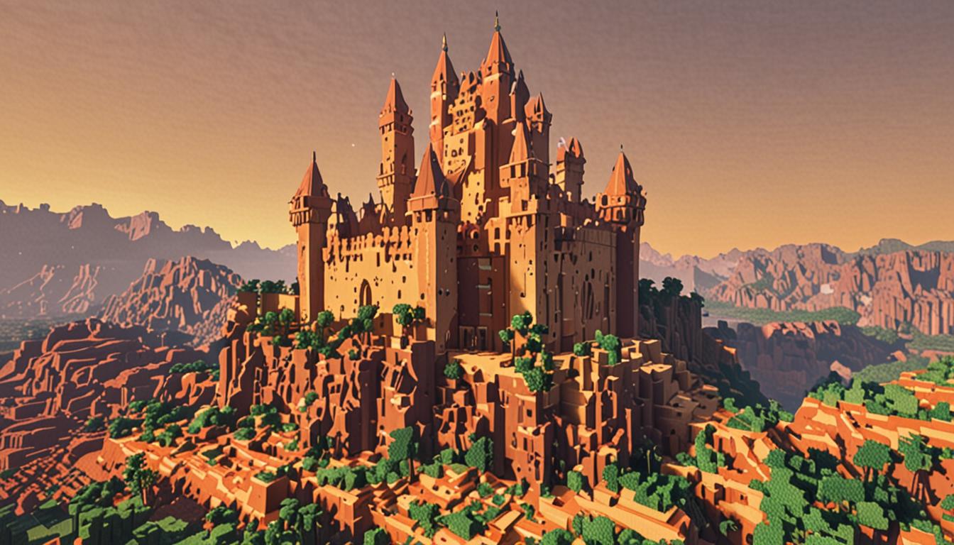 A magnificent Minecraft castle constructed entirely from various cheese blocks dominates a Mesa biome landscape, with towering red clay plateaus and sparse vegetation in the background. The castle features massive yellow cheese block walls with a distinct blocky, pixelated texture resembling aged cheddar, while tall cylindrical towers made of bright orange cheese blocks rise majestically into the sky. A wide moat surrounds the fortress, filled with flowing liquid cheese that has a golden-yellow color and glossy, reflective surface that catches the warm sunlight. Two Minecraft player characters stand in the foreground with their blocky shirts pulled up over their pixelated noses, their square eyes squinting from the overwhelming aroma. The Mesa biome setting shows characteristic red and orange terracotta blocks forming dramatic cliff faces and mesas in the distance, with scattered dead bushes and cacti dotting the arid landscape. Warm golden sunlight bathes the entire scene, creating long shadows and highlighting the unique cheese block textures of the castle walls and towers, while wisps of aromatic vapor seem to rise from the cheese moat, creating a whimsical yet overwhelming atmosphere.