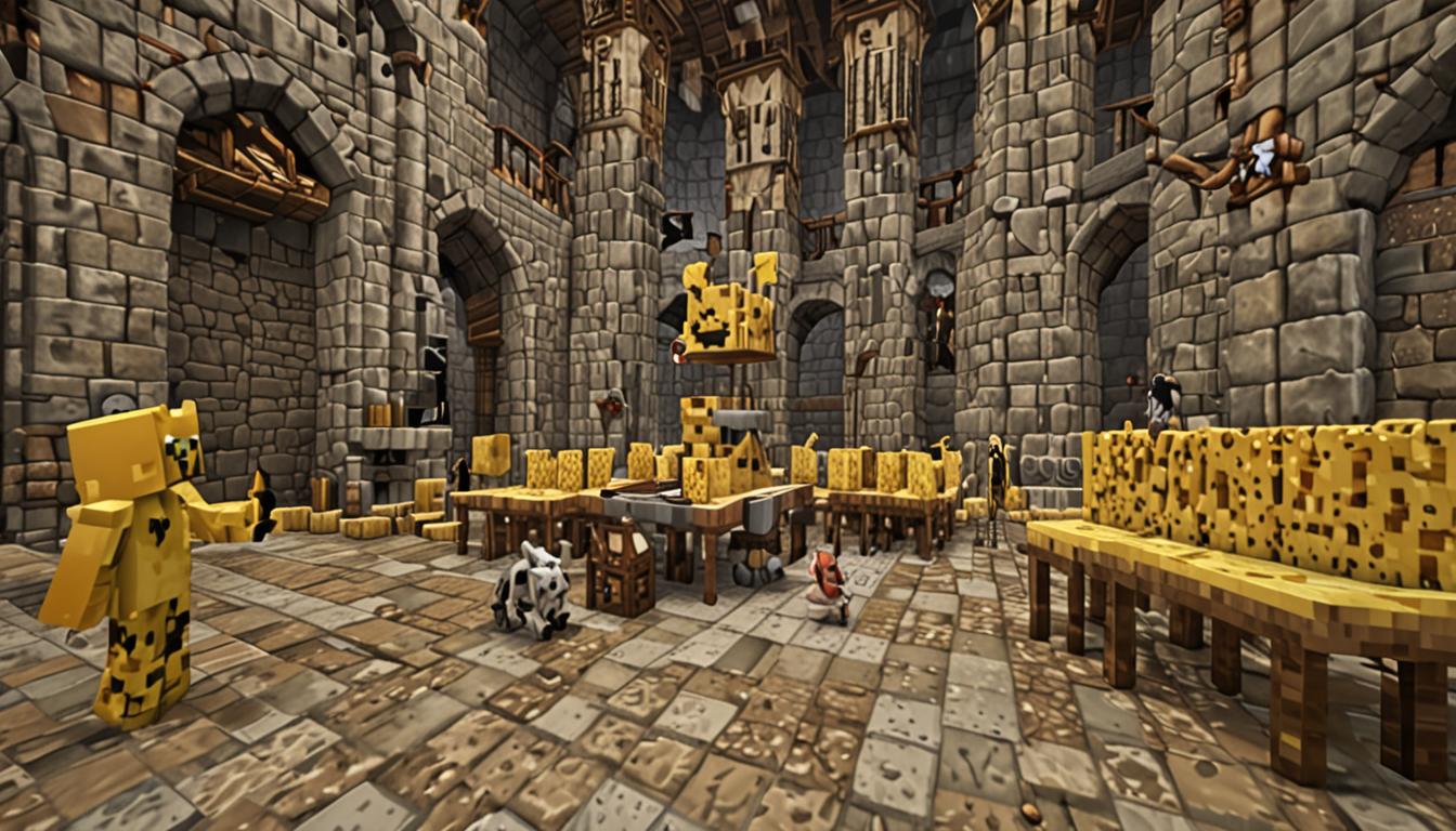 A Minecraft-style medieval castle interior scene featuring a tall, blocky pixelated character named Ratcheese with a distinctive curly mustache made of brown pixel blocks and wearing a bright yellow cape that flows in blocky segments behind him. The character stands beside an enormous, complex cheese-making contraption built entirely from Minecraft blocks - featuring large spinning stone wheels with iron reinforcements, bubbling cauldrons made from gray stone blocks with orange and yellow particle effects rising from bright yellow cheese liquid, and an intricate network of copper and iron pipes that glow with enchanted purple and blue magical energy particles flowing through transparent glass tube sections. The massive machine spans across multiple block levels with redstone dust trails, pressure plates, and mechanical pistons creating movement, while steam and magical sparkles emit from various openings in pixelated puff clouds. The castle interior shows thick cobblestone walls with arched windows letting in warm sunlight that illuminates the yellow cheese production area, creating dramatic lighting contrasts between the glowing magical pipes and the darker stone architecture. Scattered around the machine are blocks of various cheese types in yellow and orange hues, with some blocks appearing to transform with shimmering particle effects, all rendered in the distinctive blocky, pixelated Minecraft aesthetic with sharp edges and cubic forms.