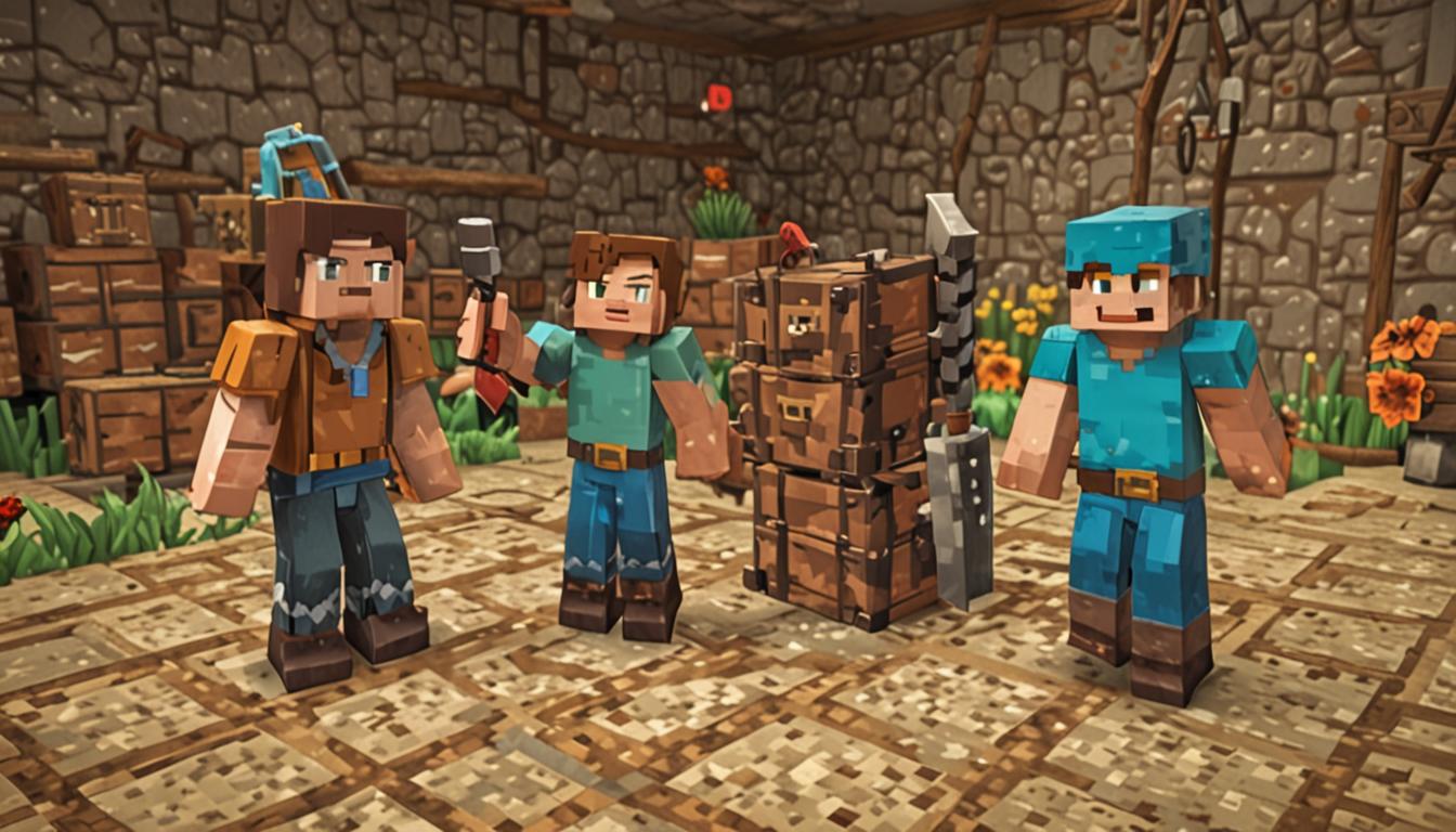 A Minecraft-style blocky scene showing two pixelated characters preparing for an adventure, with one character holding a brown leather backpack crafted from blocky leather textures and metal buckles. The main character stands near wooden chests and crafting tables, with various Minecraft tools like iron pickaxes, wooden shovels, and stone axes scattered around in their iconic blocky forms. Beside them stands Giggleface, a distinctively blocky Minecraft character with bright orange-red curly hair made of wool blocks, his square face dotted with small brown freckle pixels, wearing a cheerful expression with his mouth curved in a permanent smile. The scene takes place in a cozy Minecraft village setting with cobblestone paths, wooden houses with oak plank walls and dark oak roofs in the background, and villagers going about their daily routines. Water bottles appear as glass bottle items with blue liquid contents, sitting on a wooden table alongside bread loaves and other food items. The lighting has a warm, golden hour ambiance with soft shadows cast by the blocky structures, creating an atmosphere of friendship and determination as the two characters prepare to embark on their quest to save their pixelated village from an unseen crisis.