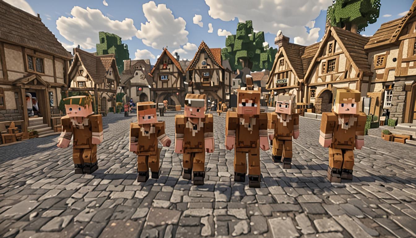 A dramatic Minecraft scene showing a young blocky pixelated character standing determinedly in the center of a village square, surrounded by worried adult villager NPCs with their distinctive large noses and brown robes gesturing frantically. The village buildings are constructed from cobblestone and oak wood planks in classic Minecraft block style, with several crying child villagers scattered around with pixelated tears. In the foreground, various Minecraft food items like bread, carrots, and apples are transforming into bright yellow-orange cheese blocks with a sickly green glow effect. In the background looms an ominous castle made entirely of different cheese-colored blocks - yellow, orange, and white - with twisted spires and an evil aura, dark storm clouds gathering overhead with purple lightning effects. The main character has a determined expression on their blocky face, wearing simple brown leather armor, with their hand raised in a heroic pose while pointing toward the distant cheese castle, conveying courage and resolve in the face of the village crisis.