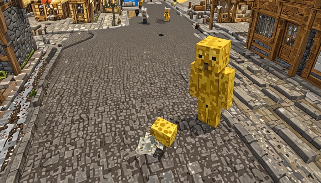 A dramatic Minecraft village square scene with blocky cobblestone ground and pixelated wooden buildings in the background, where a villainous character named Ratcheese stands prominently in the center. The character has a distinctive blocky Minecraft player model wearing a bright yellow Swiss cheese-textured costume with dark square holes scattered across the pixelated fabric, resembling cheese blocks from the game. His face features a curly black mustache made of blocky pixels, and a flowing yellow cape with cheese-like textures that appears to be blowing in the wind with angular, geometric folds typical of Minecraft's blocky aesthetic. Behind him, several redstone contraptions and machines are visible, featuring glowing red redstone dust particles, pistons, dispensers, and repeaters all connected with redstone wire trails that sparkle and emit red pixelated particles. The machines have a steampunk-like appearance but rendered in Minecraft's signature blocky style with iron blocks, copper blocks, and various mechanical components. The entire scene is lit with Minecraft's characteristic lighting system, casting blocky shadows across the village square, with the warm yellow glow from the redstone machines contrasting against the cooler tones of the stone buildings and creating an atmosphere of technological mischief and villainous drama.