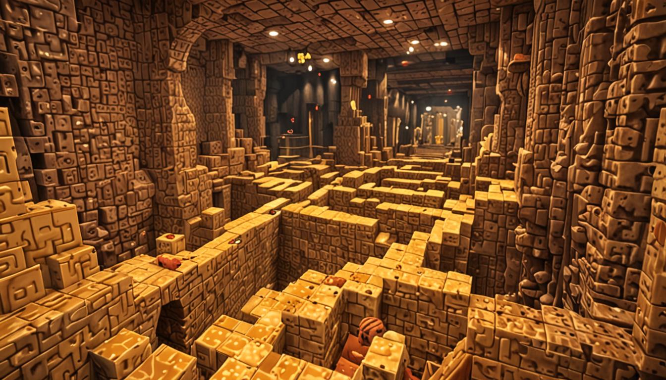 A sprawling Minecraft underground maze constructed entirely of yellow-orange cheese blocks with a glossy, aged texture, featuring intricate redstone contraptions with glowing red dust trails snaking along the blocky walls and floor. Two pixelated Minecraft characters are sliding and stumbling through the labyrinthine passages - one character with a distinctive giggling expression and another clumsily bumping into various redstone mechanisms. The maze walls are lined with wooden levers in different positions, stone pressure plates embedded in the cheese-block flooring, and complex redstone circuits with repeaters, comparators, and dispensers creating an elaborate trap system. Glowing redstone torches mounted on the cheese walls cast a warm amber light throughout the underground corridors, while sticky pistons and tripwire hooks are strategically placed at various corners. The atmosphere is tense yet comedic, with redstone lamps flickering on and off as the clumsy character accidentally activates different mechanisms, creating a chain reaction of redstone signals pulsing through the blocky cheese architecture in true Minecraft pixelated style.
