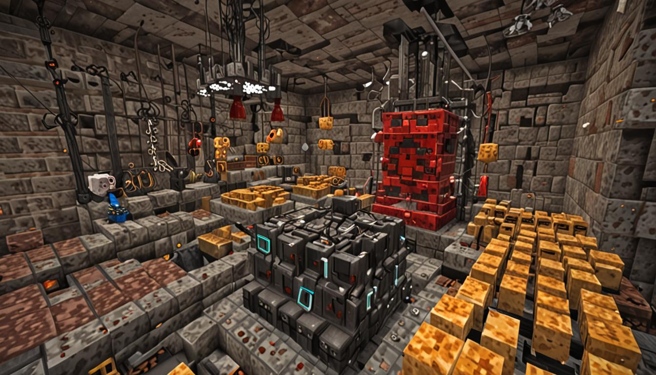 A chaotic Minecraft underground base scene with blocky, pixelated redstone contraptions and mechanical devices scattered throughout a stone brick chamber. In the center stands a Minecraft character named Ratcheese with an angry expression, surrounded by elaborate redstone-powered cheese-making machines constructed from iron blocks, hoppers, dispensers, and furnaces. Multiple triggered pressure plates and tripwire hooks are visible on the cobblestone floor, with glowing redstone dust trails creating complex circuit patterns that snake across the walls and ceiling. The cheese-making devices are malfunctioning dramatically - dispensers are shooting items in wrong directions, pistons are extending and retracting erratically, and bright orange sparks are emanating from damaged redstone repeaters and comparators. Smoke particles rise from overheated furnaces while hoppers overflow with cheese blocks and milk buckets scattered across the floor. The lighting is dim with flickering redstone torches casting red glows, punctuated by the bright flashes of electrical sparks from the broken machinery, creating an atmosphere of mechanical chaos and crisis within the blocky, pixelated Minecraft environment.