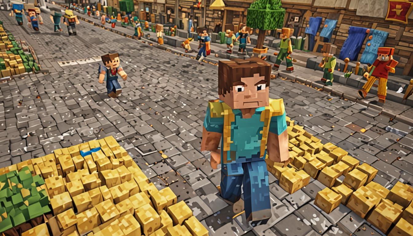 A vibrant Minecraft village scene showing a blocky, pixelated character with brown hair and blue shirt standing triumphantly on scattered yellow cheese blocks across cobblestone pathways, surrounded by other young Minecraft villager characters with various colored clothing looking up at him with admiration and respect. The main character "Jake" has a confident smile on his square face while other village kids with different skin tones and outfits gather around, some clapping their blocky hands. Yellow cheese blocks are scattered throughout the stone brick village square, creating a slippery obstacle course with some blocks appearing cracked or displaced. Traditional Minecraft village buildings with oak wood frames and cobblestone foundations rise in the background, featuring glowing yellow windows and red clay tile roofs. The lighting suggests late afternoon with warm golden sunbeams casting long shadows across the textured stone ground, creating a celebratory atmosphere where the former outcast has become the village hero through his unique falling skills during this cheese block crisis.
