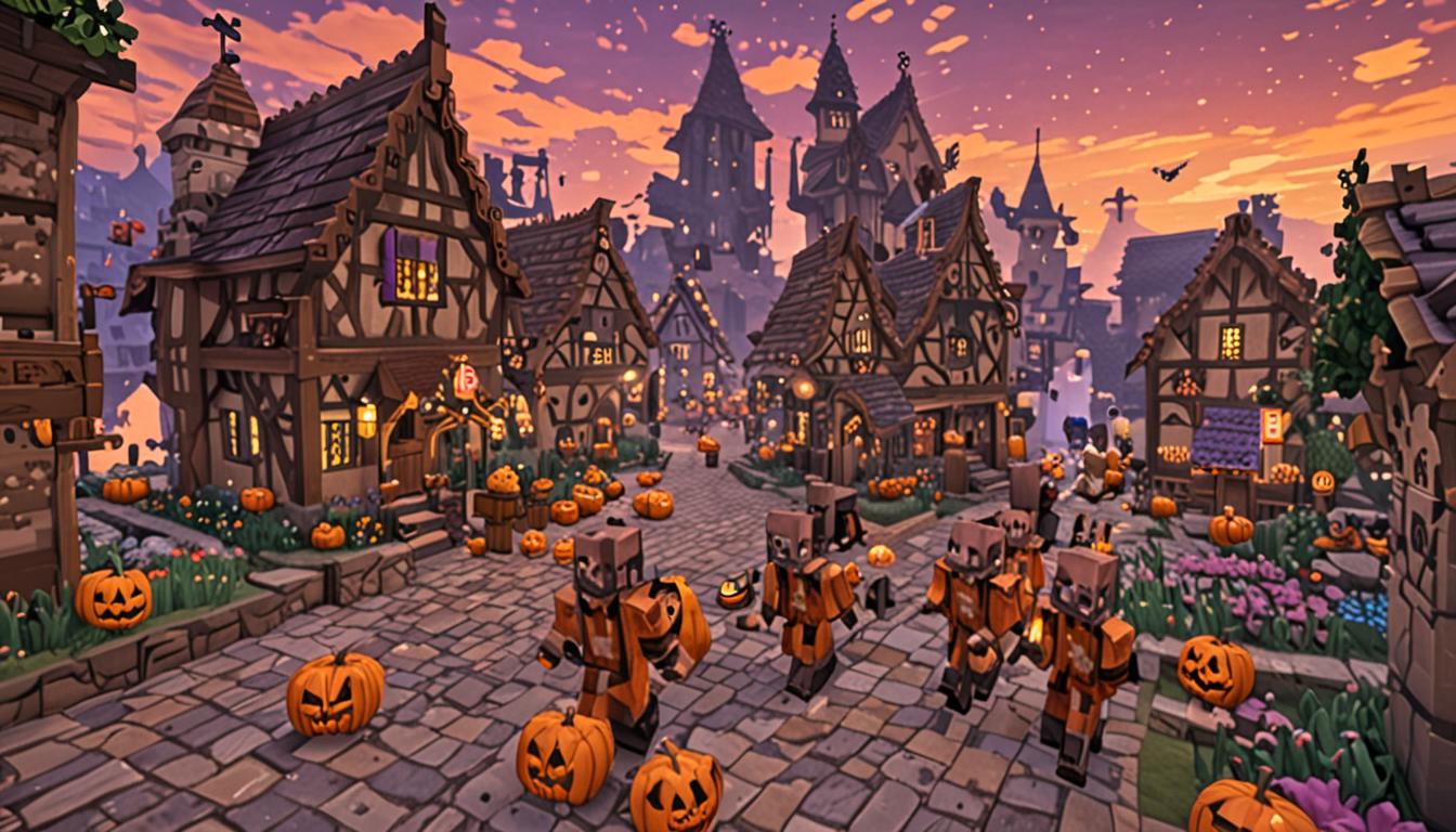 A vibrant Minecraft village scene at dusk with warm orange and purple pixelated sky, featuring blocky villagers with their characteristic long noses and brown robes gathered in celebration around the village center. Glowing jack-o'-lanterns and torches illuminate cobblestone pathways and wooden structures with their distinctive blocky architecture. In the center stands a proud Minecraft player character with unique cobblestone-textured feet or boots, surrounded by animated villagers who appear to be cheering and celebrating. The scene includes typical Minecraft village elements like wooden houses with dark oak roofs, stone brick wells, crop fields in the background, and warm lighting from multiple light sources creating a cozy, triumphant atmosphere. Emerald particles or experience orbs float gently in the air around the celebrating crowd, and the cobblestone pathways gleam with a special luminous quality, emphasizing the significance of the "Cobblestone-Toes" character's unique trait that saved the village.
