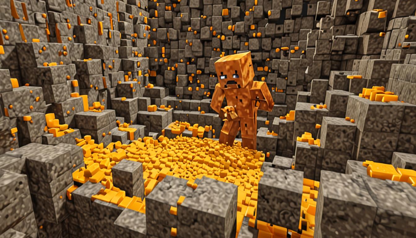 A dramatic Minecraft scene featuring a blocky, pixelated character named Ratcheese trapped in a massive pit of bright yellow and orange cheese blocks that have a gooey, flowing texture with animated dripping effects. The cheese pit is several blocks deep and wide, with bubbling particle effects rising from the molten cheese surface. Ratcheese is a Minecraft-style character with a panicked expression, his blocky feet partially submerged in the sticky yellow cheese blocks, arms raised in distress. Surrounding the pit are various malfunctioning Minecraft redstone contraptions and dispensers shooting streams of liquid cheese blocks, with sparking redstone circuits and broken pistons. The mechanical devices are constructed from iron blocks, hoppers, and redstone components, all rendered in classic Minecraft's cubic, pixelated style. Steam and cheese particle effects fill the air around the chaotic scene, while the lighting casts dramatic shadows across the industrial cheese-making facility built from stone bricks and iron blocks. The entire scene captures the moment of crisis as the cheese empire literally melts down around its creator in true Minecraft blocky aesthetic.