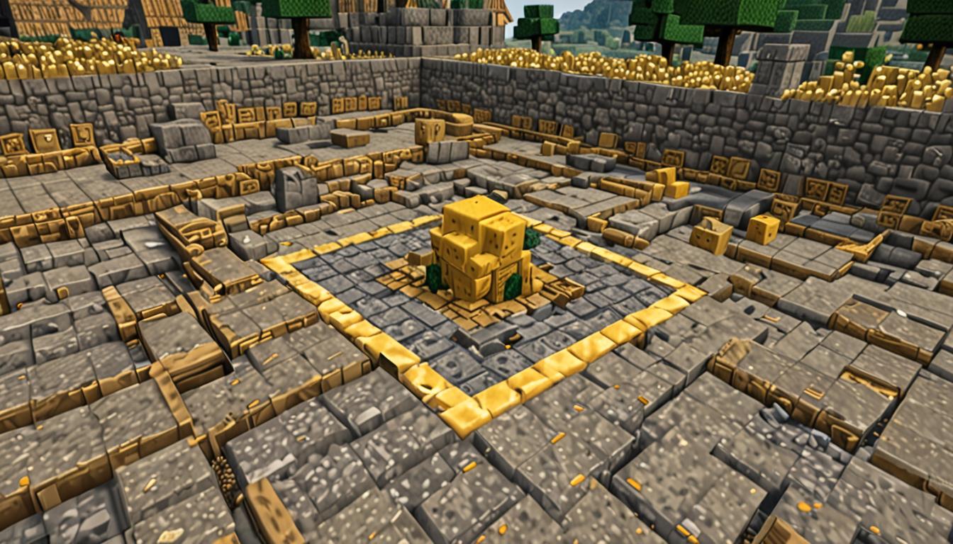 A Minecraft village scene showing blocky yellow cheese blocks automatically transforming back into gray cobblestone, brown wooden planks, and smooth stone blocks with pixelated particle effects swirling around each transformation. In the foreground, a deep rectangular pit made of dirt and stone blocks contains a blocky Minecraft character named Ratcheese safely trapped at the bottom, rendered in typical Minecraft player skin style with pixelated clothing and square limbs. Scattered throughout the village are various mechanical contraptions and redstone devices with glowing red dust particles, appearing to operate in reverse as they convert the cheese blocks back to normal building materials. In the background, a large golden wheel-shaped object with intricate blocky cheese texture patterns rolls away toward a dense forest of oak and birch trees with square trunks and pixelated green leaves. The entire scene is bathed in warm Minecraft daylight with the characteristic blocky shadows and bright, saturated colors typical of the game's aesthetic, creating an atmosphere of magical restoration and crisis resolution.