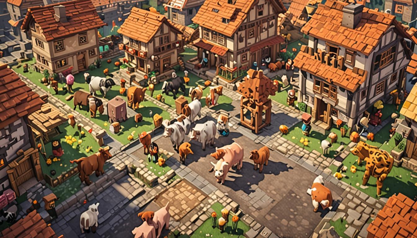 A vibrant Minecraft village square scene with blocky cobblestone pathways and pixelated stone buildings surrounding a central area, where multiple Minecraft villagers with their characteristic brown robes and large noses are celebrating with raised blocky arms and happy expressions. In the center stands a Minecraft player character with a proud, determined stance, surrounded by various pixelated farm animals including cows, pigs, chickens, and sheep that appear friendly and loyal, positioned close to the player as trusted companions. The cobblestone ground shows some displaced blocks and small craters, suggesting recent clumsy mishaps, while scattered yellow cheese blocks are visible around the square, remnants of a defeated cheese-themed threat. The lighting is warm and triumphant with golden sunlight filtering through the blocky scene, casting pixelated shadows across the textured stone surfaces, and the overall atmosphere conveys celebration, friendship, and newfound confidence in a classic Minecraft village setting with detailed block textures and the game's signature cubic aesthetic.