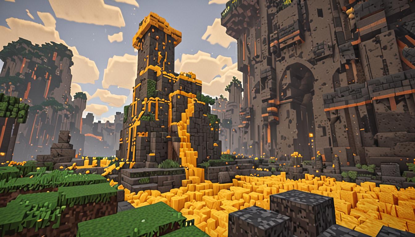 A dramatic Minecraft scene showing a tall, imposing tower constructed from dark stone blocks with a pixelated, blocky base where bright yellow-orange cheese blocks are scattered and tumbling in all directions across the ground. A Minecraft player character named Jake is depicted mid-stumble with blocky limbs positioned awkwardly, having just crashed into the tower's foundation, with motion lines and dust particle effects rendered in classic Minecraft pixelated style. Nearby, another Minecraft character called Giggleface is shown getting up from the ground with a relieved expression on their blocky face, surrounded by the fallen cheese blocks that appear as bright yellow-orange cubic blocks with the characteristic Minecraft cheese texture. The scene captures a moment of heroic clumsiness with dramatic lighting casting shadows from the towering structure above, while debris and cheese blocks create a chaotic but triumphant atmosphere around the two blocky characters. The entire scene maintains the distinctive Minecraft aesthetic with sharp, pixelated edges, cubic proportions, and the game's signature blocky environmental design, set against a backdrop that suggests crisis and adventure.