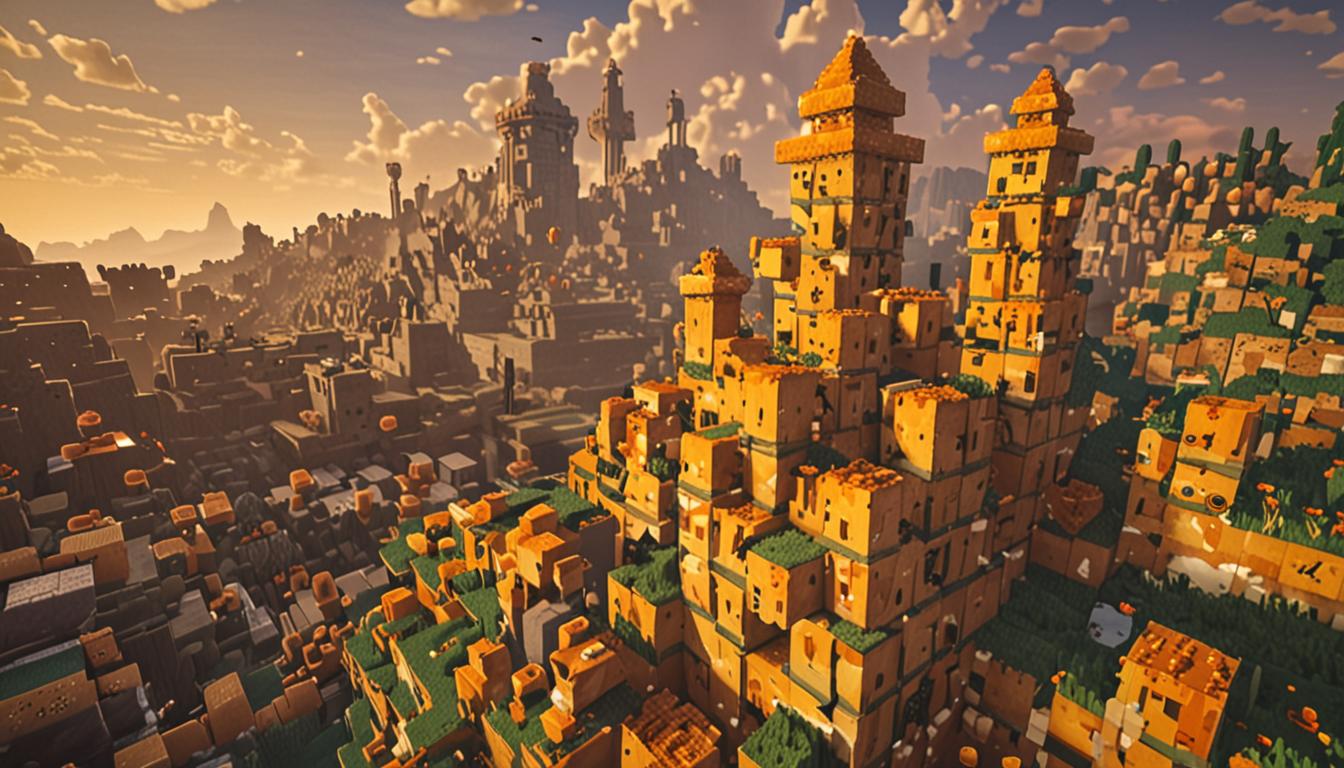 A dramatic Minecraft scene showing a blocky, pixelated village edge with distinctive cubic buildings in the background, their windows glowing warmly with orange light. In the foreground, a unique scarecrow character named Giggleface is trapped beneath a precarious tower of bright yellow-orange cheese blocks, each block perfectly cubic with the characteristic Minecraft texture of holes and spots. The scarecrow has a bright orange carved pumpkin head with a friendly face, wearing typical brown and tan blocky clothing made of hay-like textures. The tower of cheese blocks leans at a dangerous angle, with some blocks appearing cracked and ready to fall, creating visible stress lines in the pixelated surfaces. Wind effects are shown through swaying grass blocks and particle effects around the unstable tower. The lighting creates dramatic shadows across the cubic landscape, with sunset-orange hues casting long rectangular shadows from the village buildings. Small dust particles and motion lines in typical Minecraft style indicate the tower's instability and movement. The ground is made of standard grass blocks with some scattered dirt patches, and the overall atmosphere conveys urgency and danger while maintaining the charming, blocky Minecraft aesthetic.