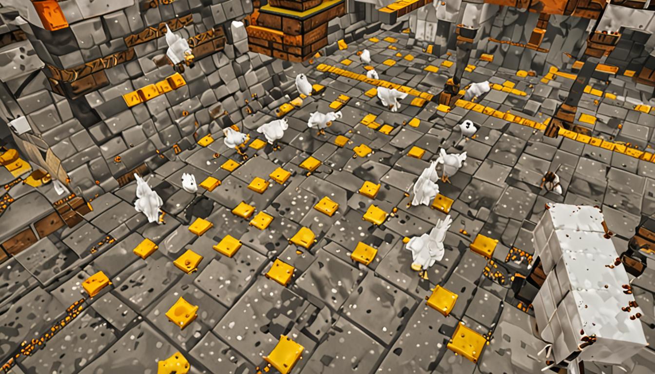 A chaotic Minecraft scene showing several white blocky chickens with pixelated feathers scattered across a stone floor, some mid-jump with motion blur effects. Multiple cheese-making contraptions built from iron blocks, hoppers, and dispensers are toppled over at various angles, with golden cheese blocks and yellow block items scattered everywhere across the ground. A Minecraft player character with a distressed expression, wearing a chef's hat made of white wool blocks, stands in the center with arms outstretched trying to catch the bouncing chickens. The contraptions feature intricate redstone wiring, pistons, and furnaces, all rendered in classic Minecraft's blocky, pixelated style. Cheese blocks of varying shades of yellow and orange are flying through the air and rolling across the cobblestone workshop floor. The lighting creates dramatic shadows from the overturned machinery, while particles and dust effects emphasize the chaos of the accident in this underground or enclosed cheese-making facility.