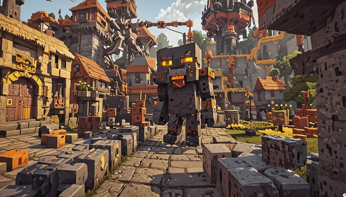 A menacing Minecraft villager character named Ratcheese stands in the center of a blocky village, rendered in classic pixelated Minecraft style with glowing yellow eyes and an evil grin, surrounded by massive mechanical contraptions made of iron blocks, pistons, and redstone components that are actively transforming the village structures. The once-normal cobblestone paths and wooden houses are being converted into bright yellow and orange cheese-textured blocks with a glossy, gooey appearance that reflects light, creating slippery surfaces throughout the scene. Multiple Minecraft villagers are shown sliding and tumbling helplessly across these slick cheese blocks, their blocky bodies tilted at awkward angles as they struggle to maintain balance, some with arms flailing in typical Minecraft character fashion. In the background, the legendary Gilded Cheese Wheel glows with enchanted golden particles and sits atop a pedestal made of gold blocks, emanating magical yellow light rays that pierce through the village atmosphere. The sky shows a dramatic sunset with orange and red pixelated clouds, casting an ominous glow over the chaos below, while steam and cheese particles float through the air from the working machinery. The entire scene captures the frantic energy of a Minecraft village under siege, with the mechanical cheese-making devices featuring spinning gears, flowing lava-like cheese streams, and puffs of yellow smoke rising into the blocky sky.