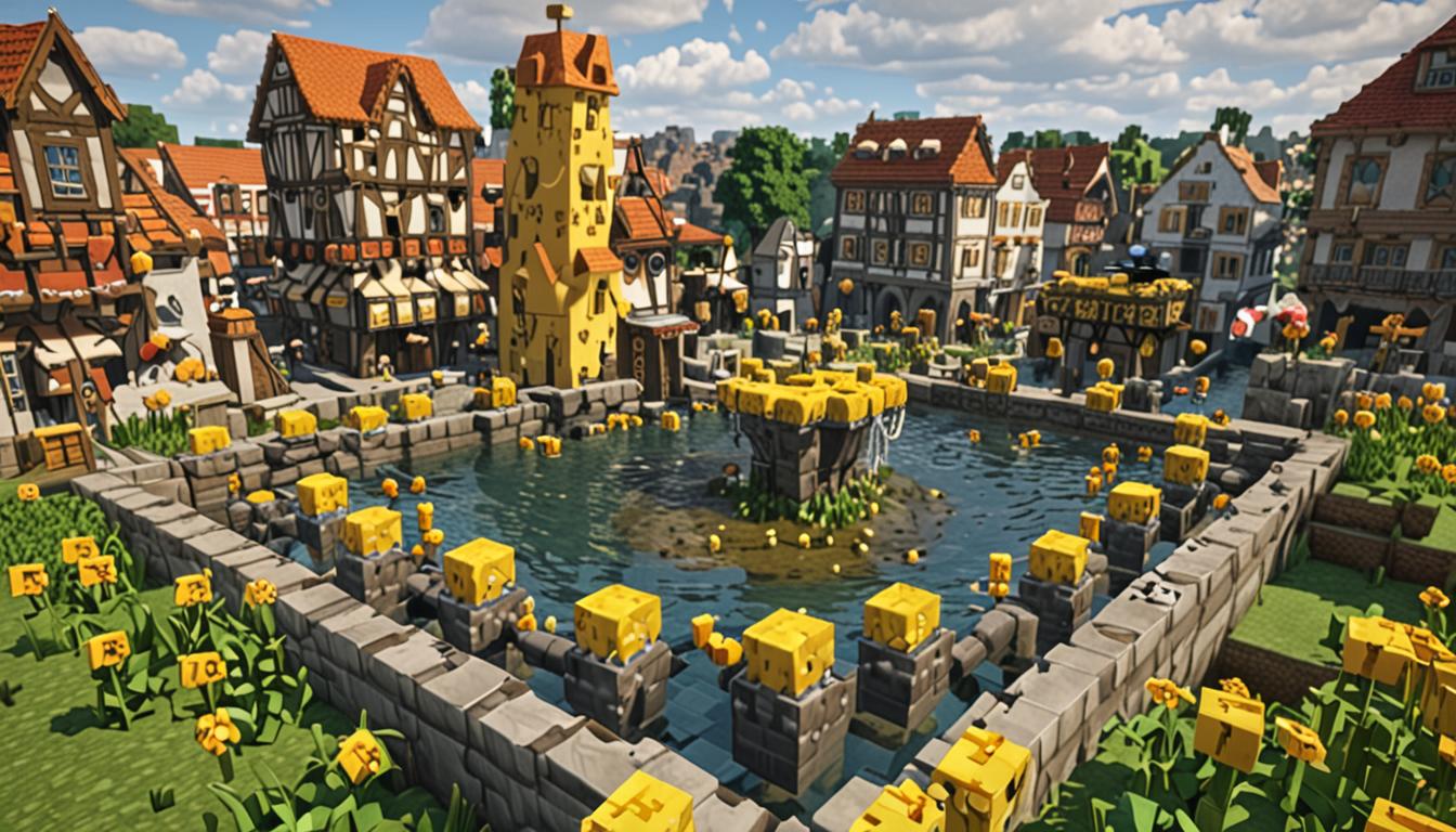 A Minecraft village scene in crisis with blocky, pixelated cobblestone blocks around a central stone fountain rapidly transforming into bright yellow, gooey cheese blocks with glossy, slippery textures. Evil mechanical contraptions with angular, blocky designs emit brilliant yellow laser beams that strike the cobblestone surfaces, causing dramatic transformation effects with glowing particles and cheese-dripping animations. Panicked Minecraft villagers with their characteristic brown robes and large cubic heads are slipping and sliding across the newly-formed cheese terrain, their blocky limbs flailing as they lose balance on the slippery yellow surfaces. The village fountain remains partially intact with gray stone blocks, while surrounding buildings show signs of the cheese transformation spreading outward in patches. Ominous mechanical devices with red glowing eyes and metallic gray textures dominate the scene, their beam cannons actively firing at remaining cobblestone structures. The atmosphere is chaotic with a mix of bright yellow cheese blocks creating an unnatural, surreal landscape against the traditional Minecraft village architecture of wooden planks and stone bricks.