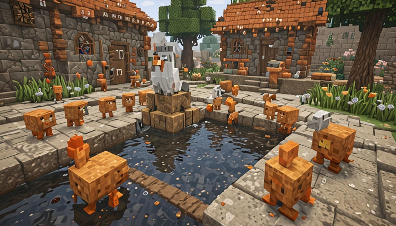A Minecraft village scene featuring a blocky, pixelated character with a sad, downcast expression sitting dejectedly beside a cobblestone fountain with flowing water blocks. Several white and brown Minecraft chickens with their characteristic square bodies and orange beaks are gathered around the player, their blocky heads tilted in a sympathetic manner as they emit small particle effects to represent clucking. The village setting shows typical Minecraft architecture with wooden plank houses, cobblestone paths, and villager workstations scattered in the background. The ground around the fountain appears to have a glossy, wet texture with subtle ice or water effects beginning to spread outward from the fountain's base, creating a mysterious slippery surface that reflects the dim lighting. The atmosphere is moody with overcast lighting, gray clouds in the blocky sky, and a sense of impending crisis as the strange slippery phenomenon begins to manifest across the cobblestone blocks beneath the character's feet.