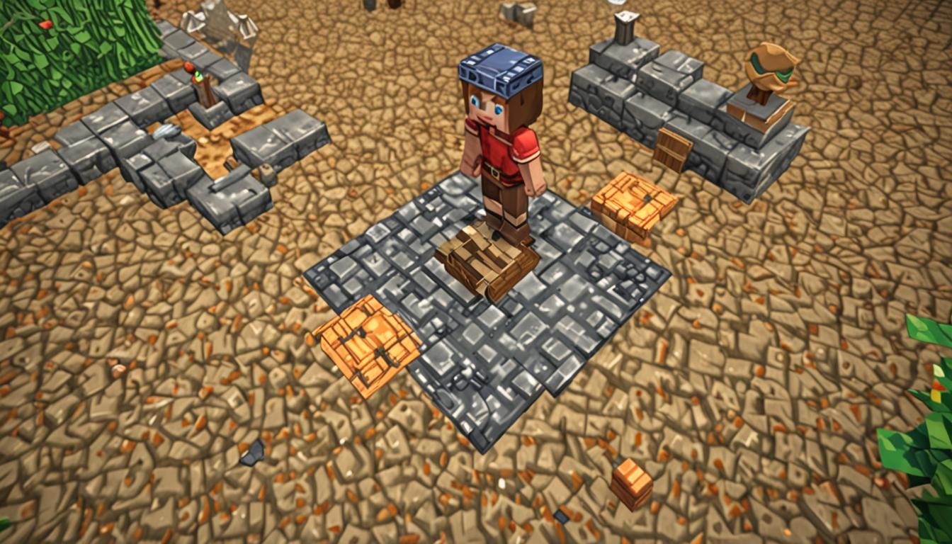 A Minecraft village scene showing a cobblestone path leading to a stone fountain in the center, with blocky pixelated tools scattered across the ground including a wooden pickaxe, iron shovel, and crafting materials. A young Minecraft character with brown blocky hair sits fallen on the cobblestone blocks, their face showing red pixelated cheeks of embarrassment, wearing simple brown leather tunic and pants. Several other blocky Minecraft children stand nearby pointing and laughing with animated expressions, their mouths open in typical Minecraft character style. A female villager NPC with the classic large nose and brown robes stands beside an overturned terracotta flower pot, colorful pixelated flowers spilled onto the cobblestone blocks. The village fountain features gray stone blocks with water flowing in typical Minecraft water physics, surrounded by small village houses with wooden planks and cobblestone foundations. Morning sunlight casts blocky shadows across the scene, creating a warm golden lighting that highlights the pixelated textures of all the stone blocks, wooden tools, and character models in classic Minecraft aesthetic.
