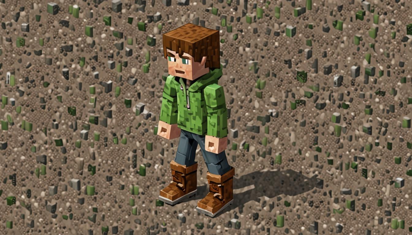 A Minecraft-style blocky pixelated scene showing a young villager character named Jake with messy brown blocky hair that sticks up irregularly like grass textures on dirt blocks, wearing a bright green pixelated hoodie featuring a friendly Creeper face design on the front. The character has one iron boot on the left foot with metallic gray blocky textures and one brown leather boot on the right foot with worn leather block patterns. Jake is standing in a vibrant garden area filled with rows of pixelated crops like carrots, wheat, and potatoes growing from tilled dirt blocks, surrounded by wooden fence blocks. Several white blocky chickens with orange beaks and red combs are scattered around the garden, some appearing to perform tricks like standing on their heads or balancing on fence posts. The ground is covered with gray cobblestone blocks, many appearing loose or slightly raised, creating an uneven surface that suggests frequent tripping hazards. Warm sunlight filters through the pixelated scene, casting blocky shadows across the garden and highlighting the textures of the dirt blocks, stone paths, and wooden structures in the background of this peaceful Overworld village setting.