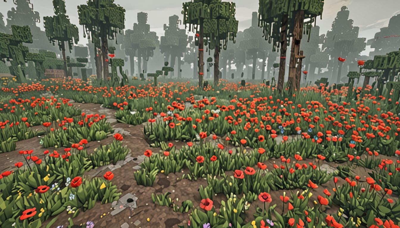 A sprawling Minecraft swampland scene with thick, ominous green-gray toxic fog rolling across blocky terrain, obscuring distant pixelated trees and structures. In the foreground, wilted Minecraft flower patches display brown and gray pixelated petals scattered across dirt blocks, contrasting sharply with a few remaining bright red poppies and yellow dandelions that haven't yet succumbed to the poison. Several Minecraft villagers with their characteristic brown robes and large noses stand coughing, with small white particle effects emanating from their blocky faces to show their distress. Nearby, pixelated farm animals including cows, pigs, and sheep appear sluggish with darker, muted textures and drooping postures, some lying on grass blocks looking unwell. A Minecraft player character stands determinedly in diamond armor, surrounded by several white chickens with bright red combs who appear agitated, flapping their blocky wings. Next to the player, a distinctive parrot companion with vibrant green and red feathers perches alertly on a fence post, its pixelated head tilted as if listening intently. The sky above shows an unnatural greenish tint with swirling fog patterns, while in the distance, the silhouette of a dark swamp biome looms with twisted oak trees and murky water blocks reflecting the eerie atmospheric lighting.