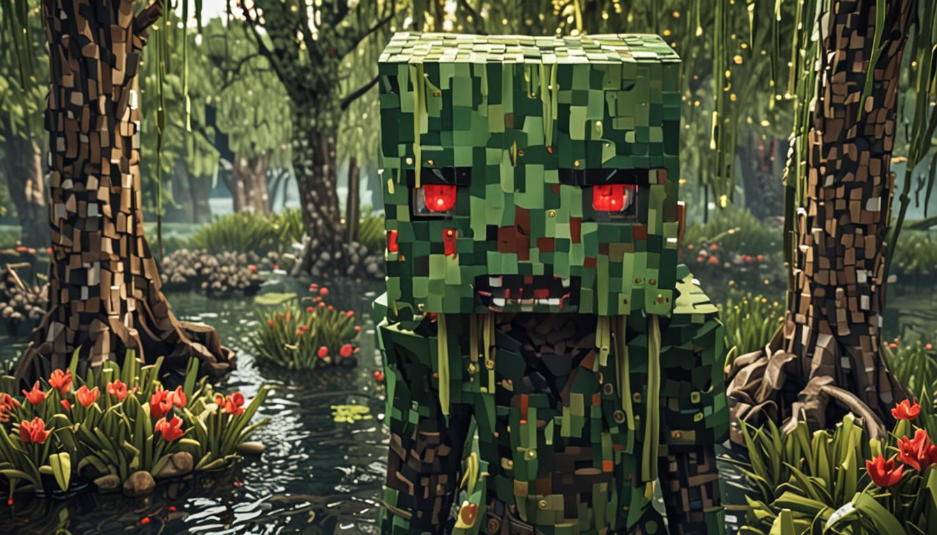 A menacing Minecraft villain character with blocky green hair made of moss and slime blocks, featuring a pixelated face with glowing red eyes and green particle effects emanating from his mouth to represent foul breath, standing in a dark swampy biome filled with murky water blocks and drooping willow-like trees made of dark oak wood and hanging vines. In his blocky hands, he clutches a glowing spherical orb crafted from enchanted glass blocks with swirling blue and white particle effects representing the magical Breath of Life, while purple and green toxic fog particles drift ominously through the pixelated landscape. The Soggy Swamp environment features lily pads floating on dark water surfaces, tall grass blocks, mushrooms, and twisted tree structures with moss-covered bark textures, all rendered in Minecraft's distinctive cubic art style. Overhead, the sky transitions from clear blue to an ominous purple-tinted atmosphere where toxic fog clouds begin to form and spread, creating a foreboding mood as the magical orb's stolen light contrasts against the darkening swampland filled with murky water reflections and shadowy depths.